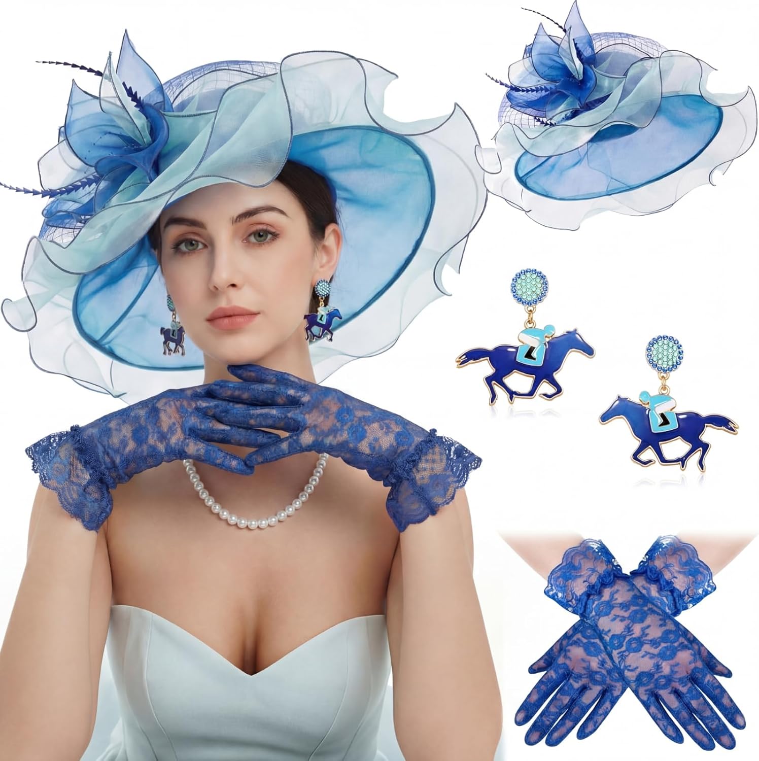 Tradder 3 Pcs Derby Outfits for Women Organza Fascinator Hat Beaded Derby Earrings Gloves Tea Party Outfit for Ladies