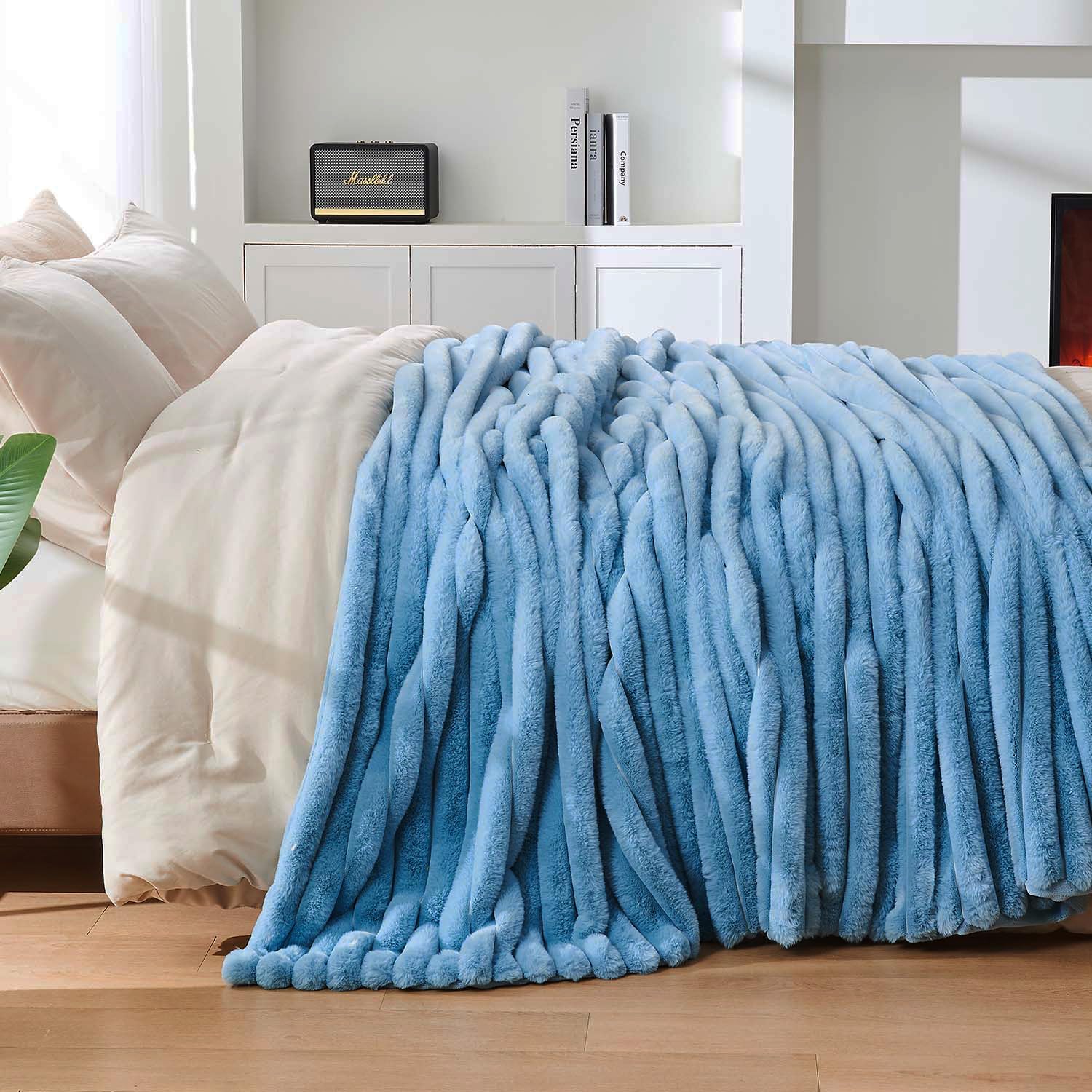 Lotus Karen Faux Fur Throw Blanket - Stripe Faux Rabbit Fur Blanket for Couch, Cozy Soft Fluffy Fuzzy Blanket, Warm Thick Furry Plush Shaggy Small Blankets for Women, Blue,50x60 Inches - Image 8