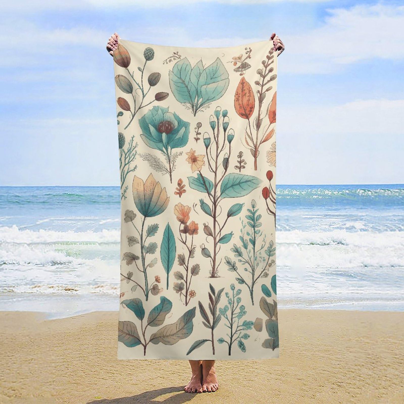 NTVOWPZO Flowers and Leaves Beach Towel Oversized Microfiber Bath Towels Lightweight Sand Proof Beach Towels Absorbent Pool Towels for Swimming Yoga Bathroom Towel 31.5" X 63"