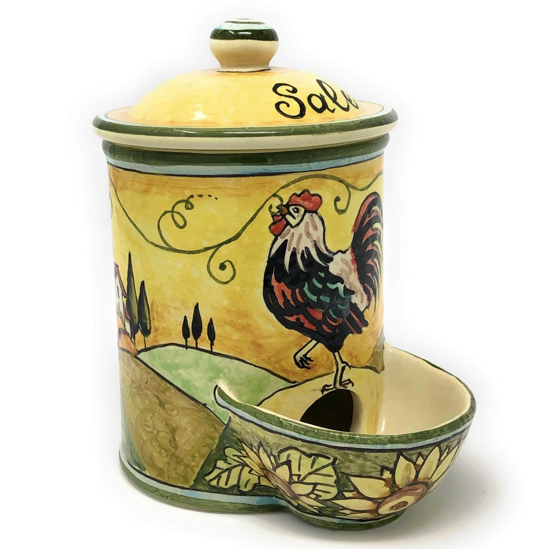 CERAMICHE D'ARTE PARRINI- Italian Ceramic Jar Salt Holder Decorated Rooster Landscape Hand Painted Made in ITALY Tuscan Art Pottery