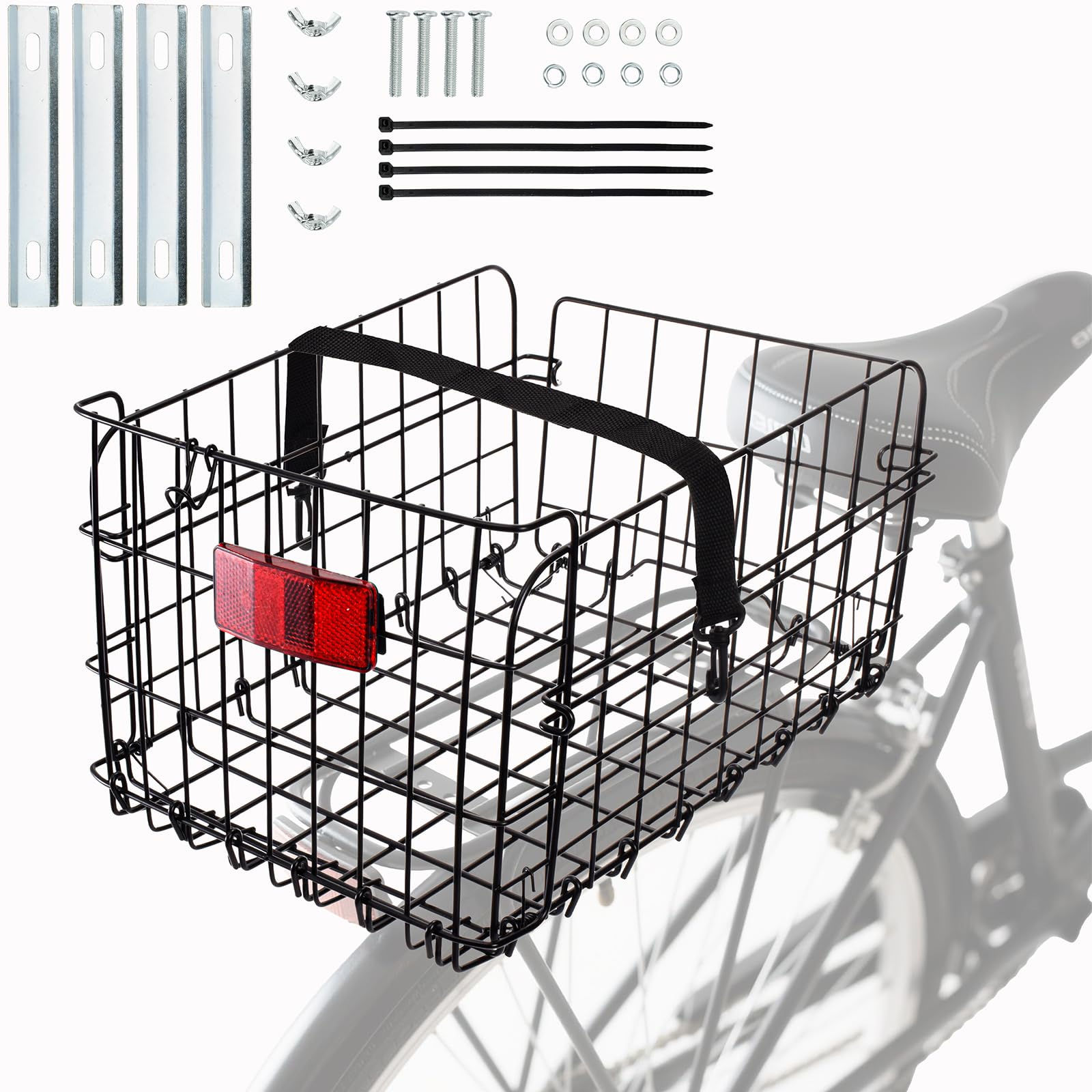 Suwimut Folding Rear Bike Basket, Quickly Release Metal Wire Bicycle Basket Cargo Rack with Strap & Reflective Tail Light for Most Mounted Bike Rack,