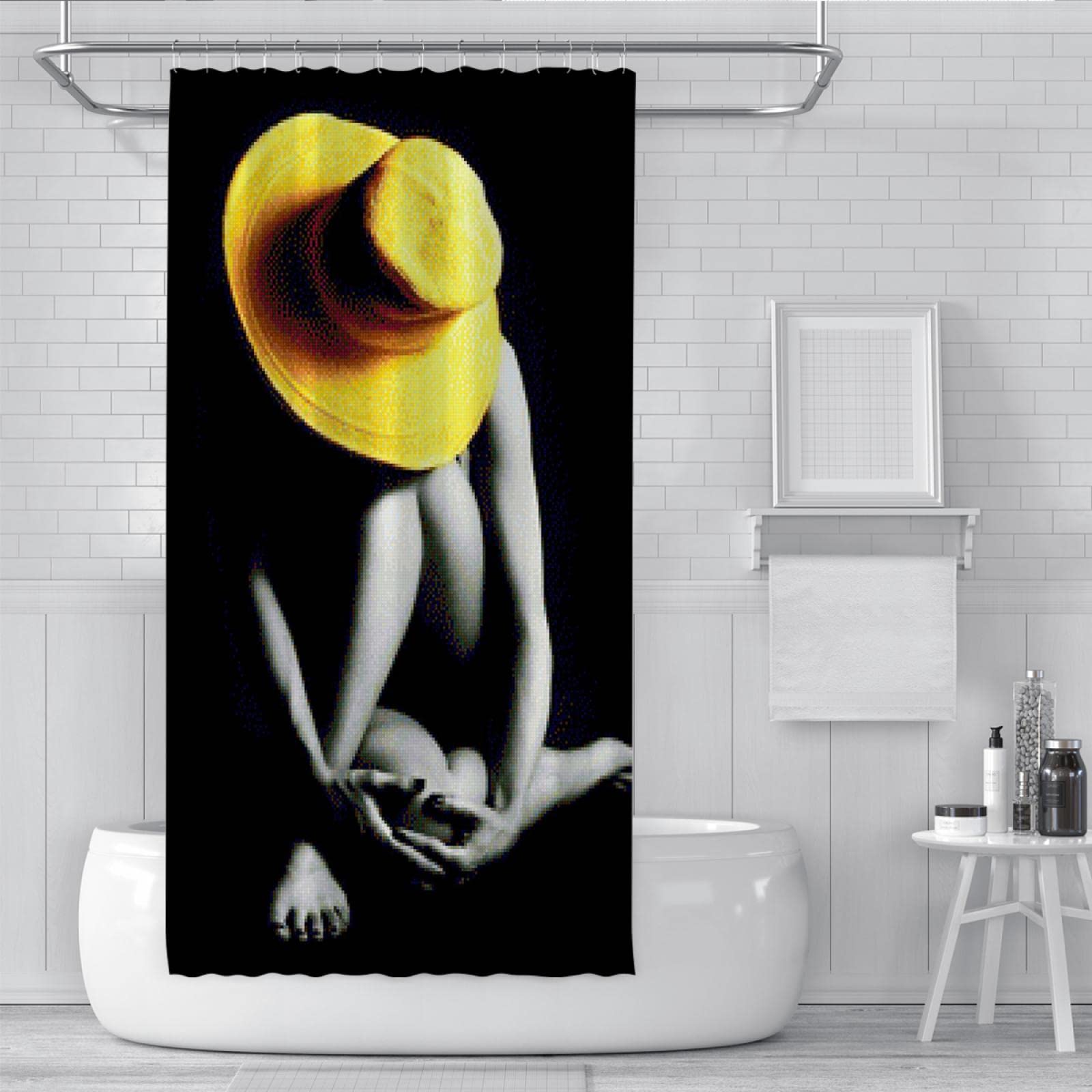 Tende da doccia in arte moderna per l'arredamento del bagno cappello giallo ragazza immagine Tende doccia Hotel Rv Spa nero impermeabile tessuto doccia tende da doccia 200x200cm