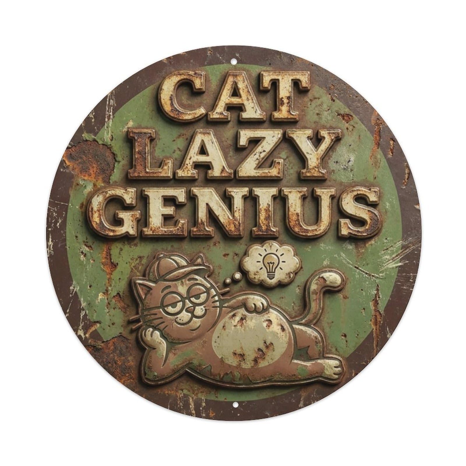 Cat Lazy Genius Feline 1 Metal Tin Sign Plaque Wall Decor for Cafe, Club Bar, Office, Home Garden Round Metal Poster 8x8Inch