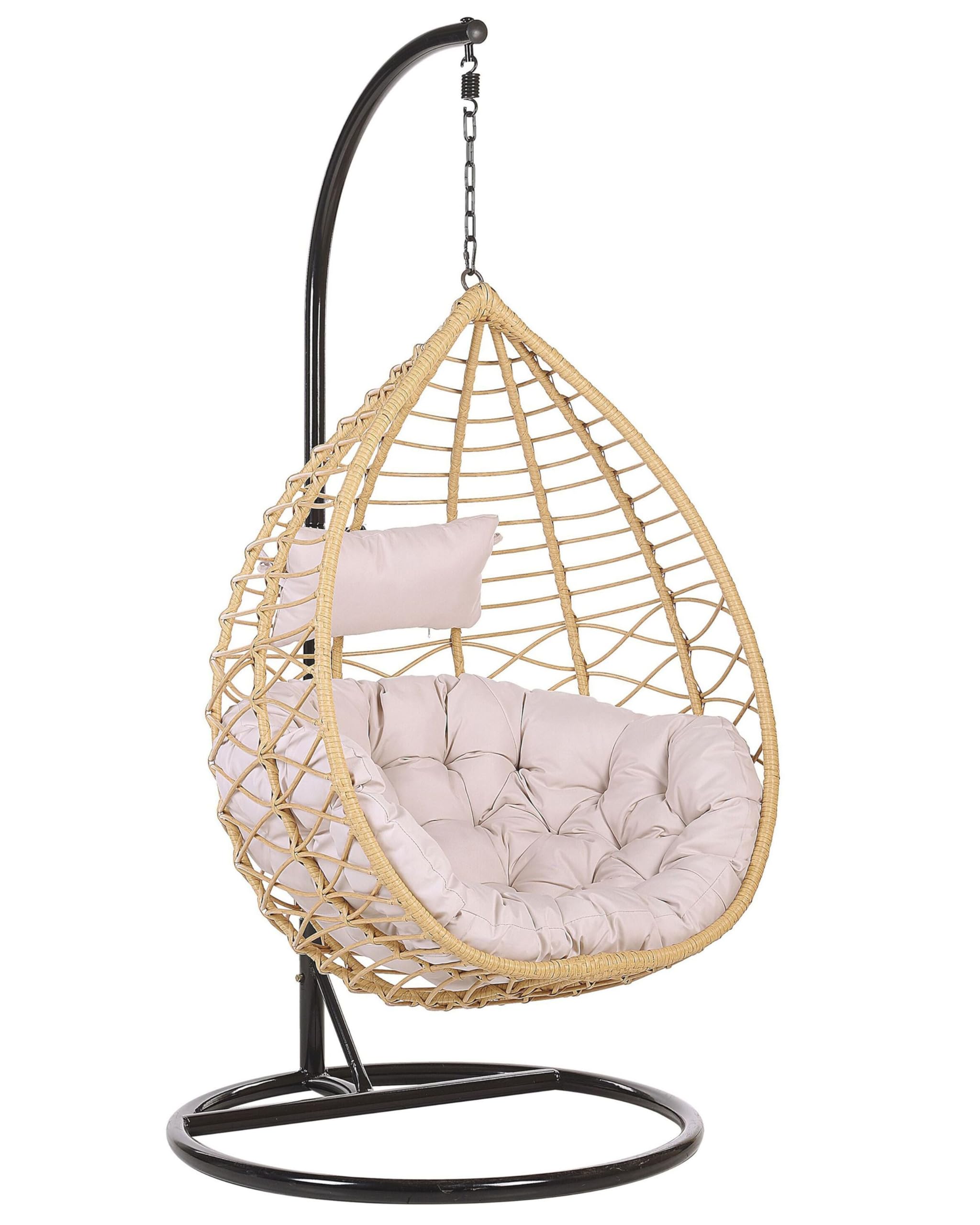 Fauteuil Suspendu en Rotin Beige avec Coussin et Support en Acier Noir pour Usage à l'Intérieur et Extérieur au Design Bohème Très Tendance Beliani