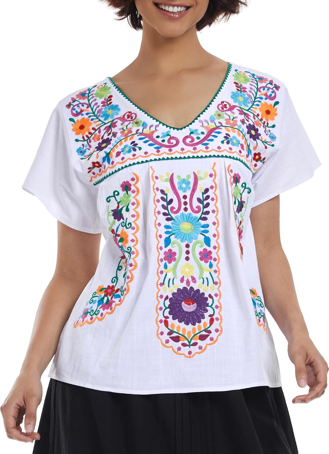 YZXDORWJ Women's Mexican V Neck Top Peasant Embroidered Blouse Traditional Summer Short Sleeve Shirt - Image 4