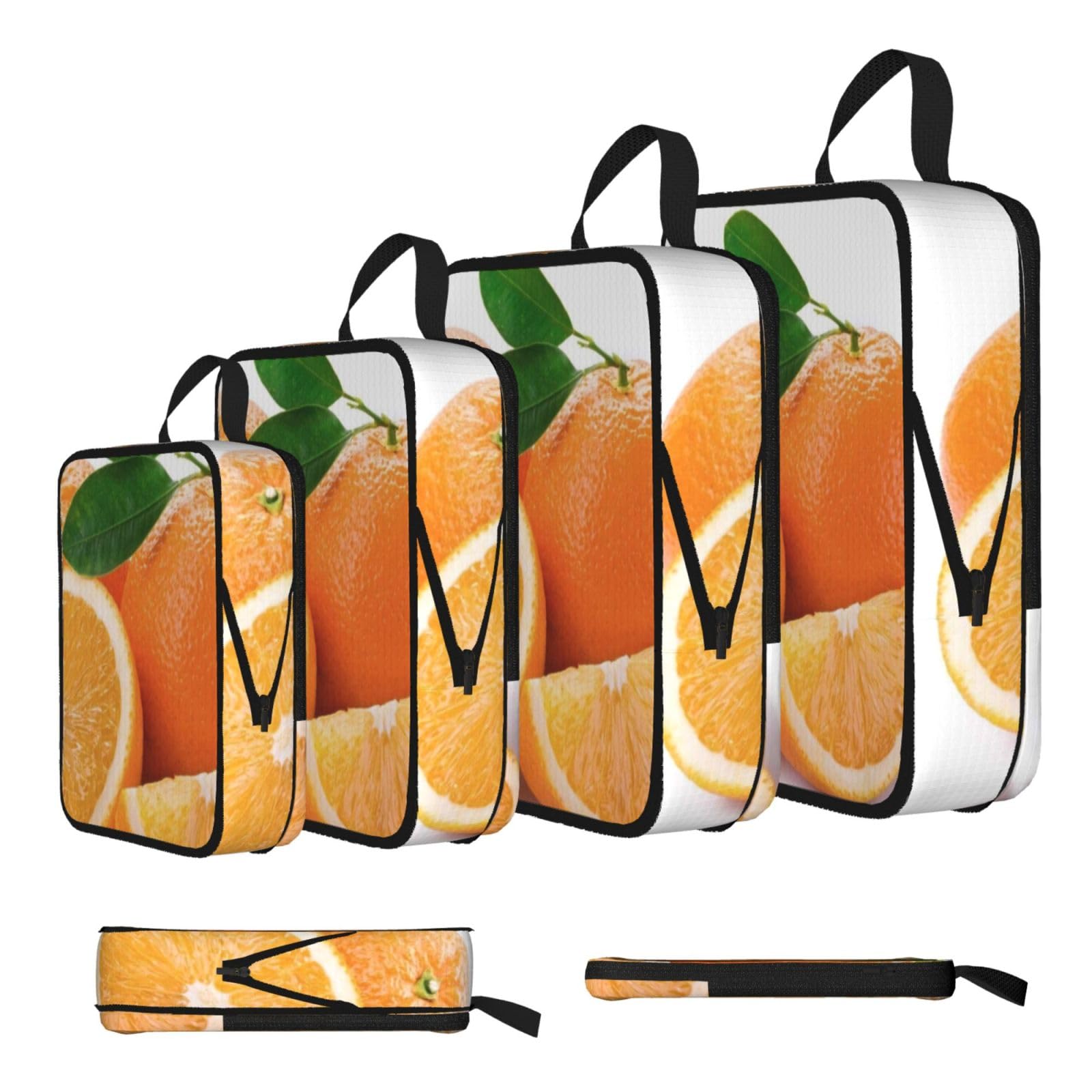 Orange Print Compression Packing Cubes 4-Piece Set With Multi- Compartment Travel Bag, Waterproof Suitcase Organiser Bags