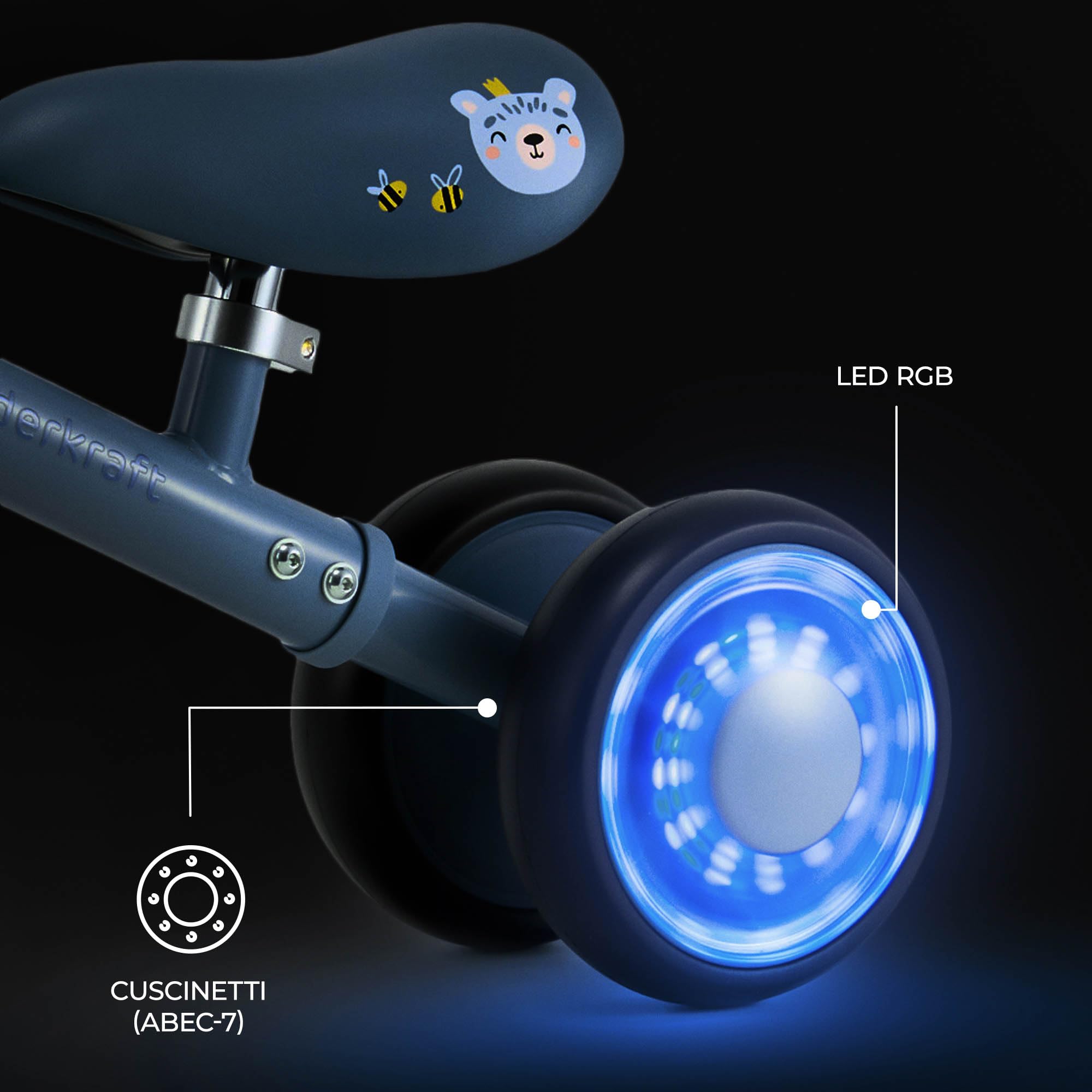 Kinderkraft CUTIE FLASH, bicicletta educativa per bambini, senza pedali, ruote con luci a LED, design moderno, costruzione sicura, per bambini a partire da 1 anno, Blu