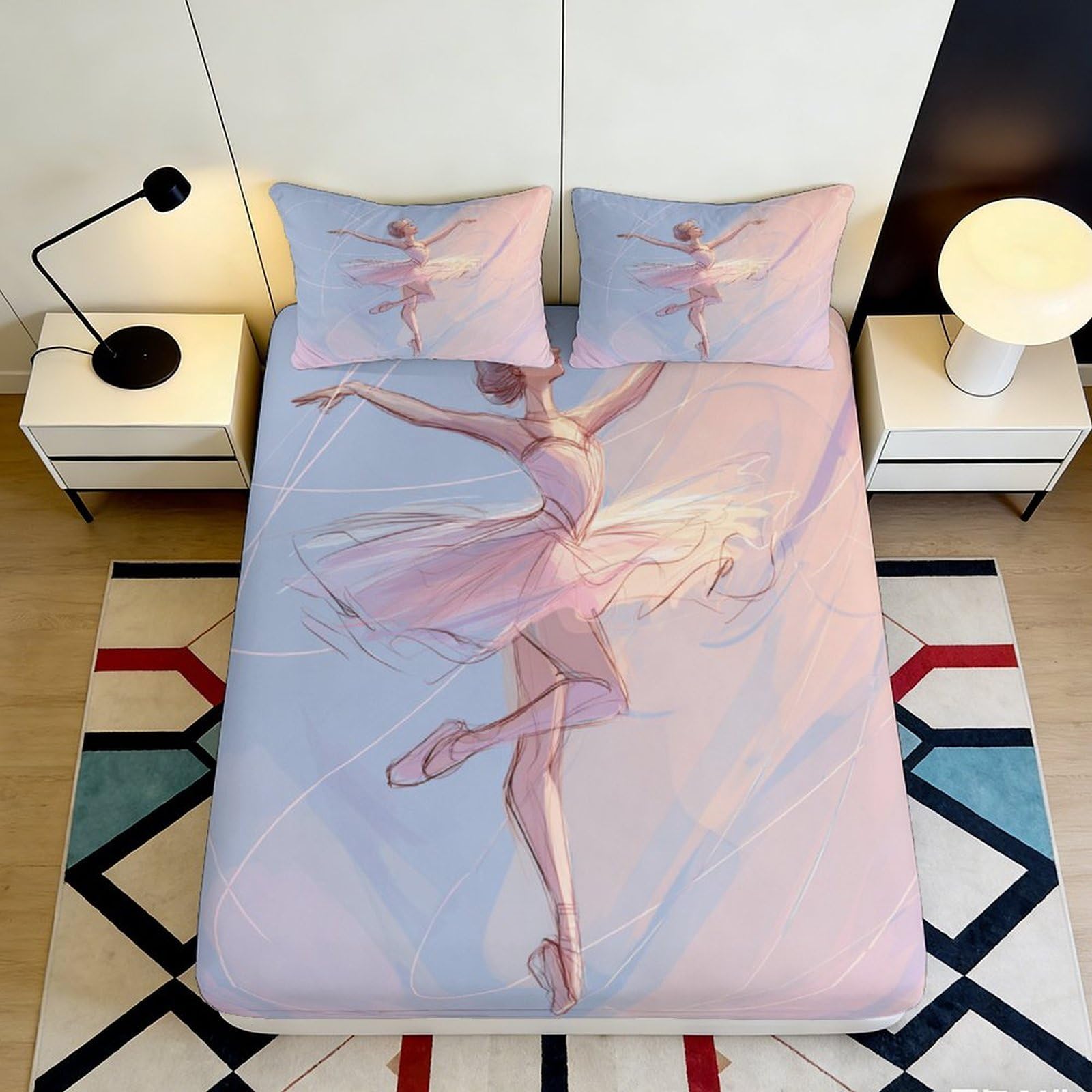 3D Printed Ballet Dancer Fitted Sheet Microfiber Pink Artistic Bed Cover for Bedroom Guest Room Mattress Protection Decor 90x200x25cm