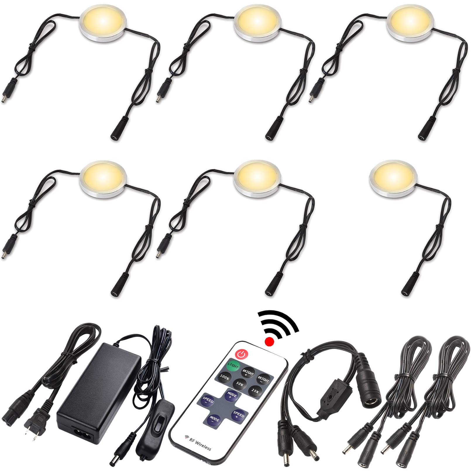 Under Cabinet Puck Lights, Remote, Black, Hardwired, 6 Lights, Warm White
