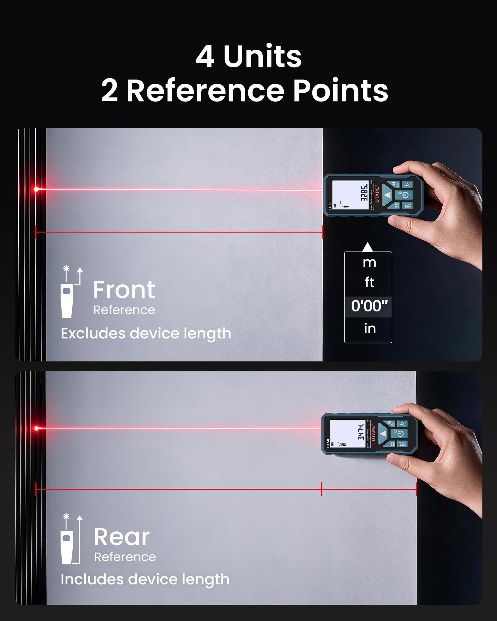Laser Measure 165ft, DTAPE DT50Laser Distance Meter 50M, Portable Handle Digital Measure Tool Range Finder, Larger Backlit.