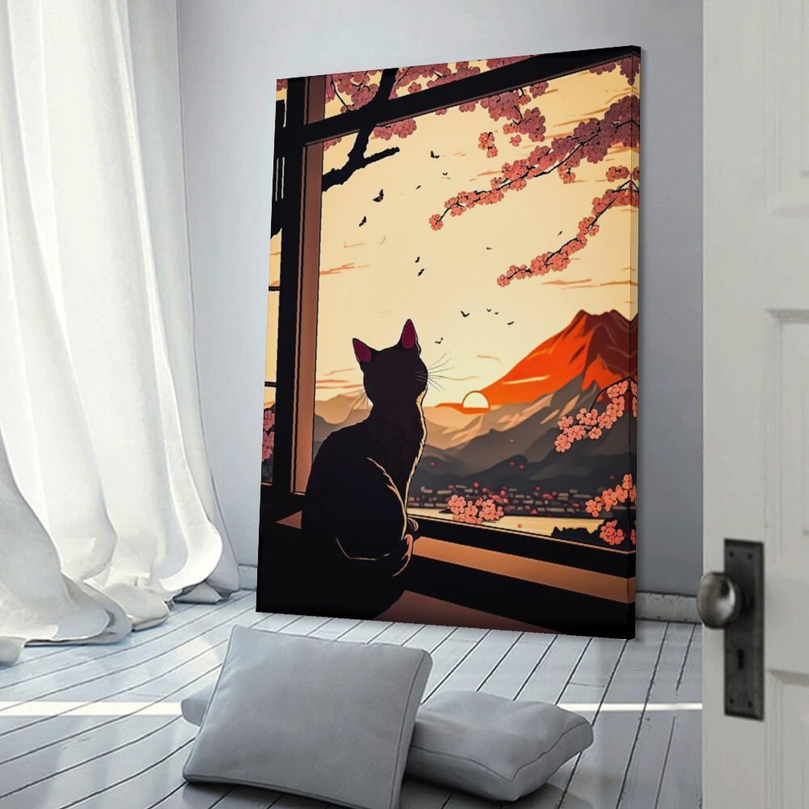 Junmoney Cat Cherry Blossom Japan Wall Art Print, 08x12inch(20x30cm), for Corridors, Hallways Or Apartment Entries, Wall Decor to Refresh Empty Corners