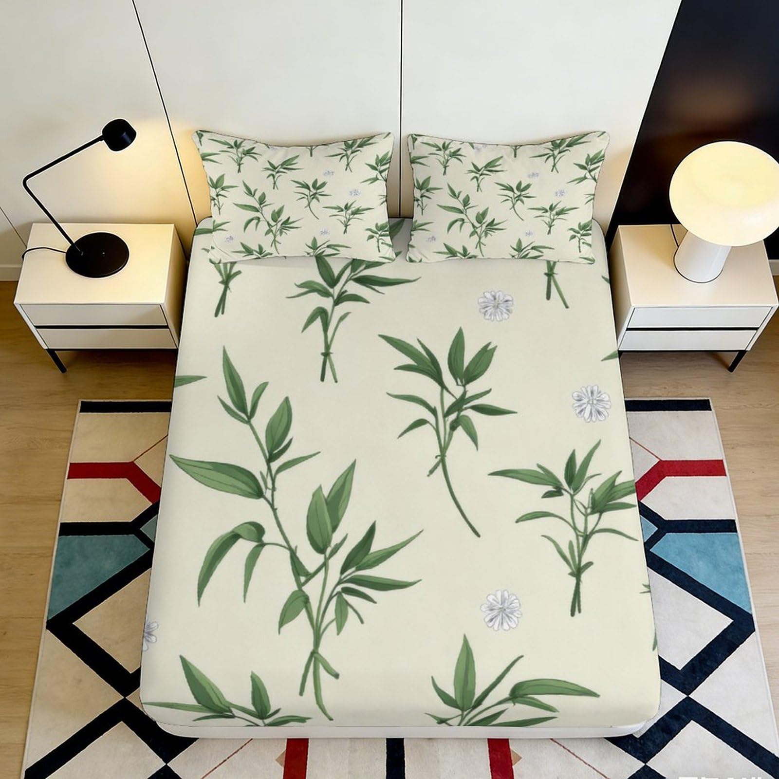 3D Printed Green Leaf Botanical Fitted Sheet Microfiber Soft Anti-Slip Mattress Cover for Bedroom Guest Room Dorm Decor 120x200x25cm