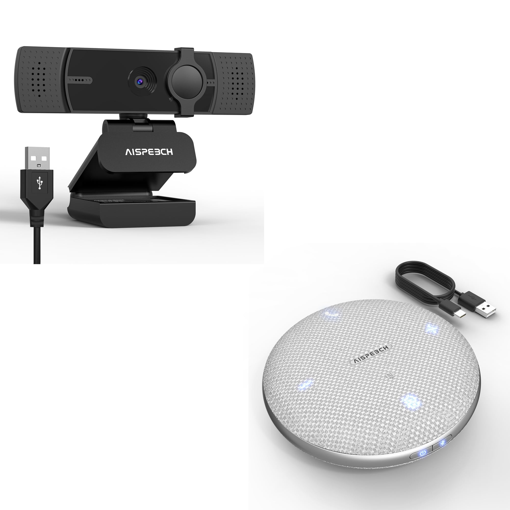 AISPEECH M4 Gray Bluetooth Speakerphone Conference Microphone with AI Noise Reduction&UVC 20 4K Webcam with Auto Focus, Auto Light Correction for Streaming/Online Teaching/Video Calling/Zoom/Skype