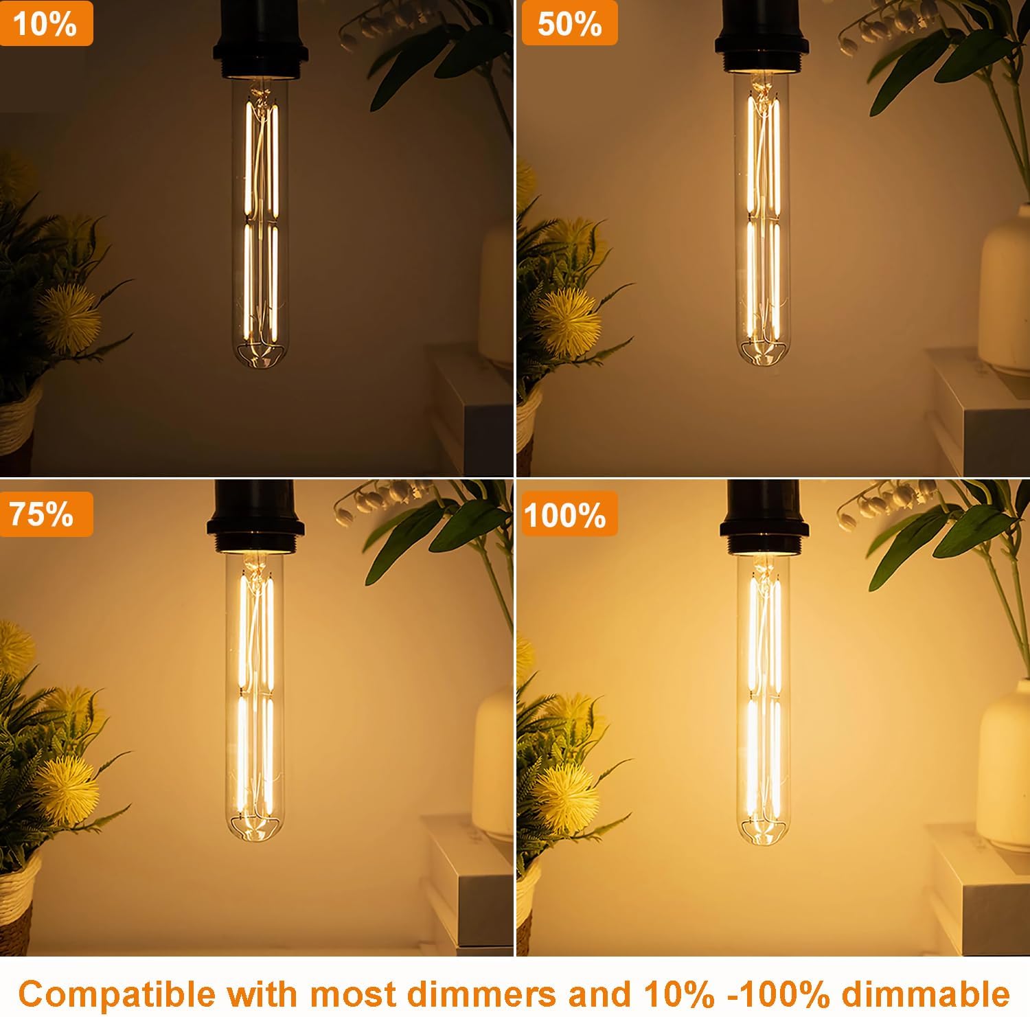 Vinaco T10 Tube Bulb LED 6W Equal. 60W, 6 Pack 7.3 Inch T10 Tubular Light Bulbs E26 Dimmable 2700K Warm White, Clear Glass T10/T30 LED Edison Bulb for Sconce, Floor Lamp, Tall Island Pendant Lamp