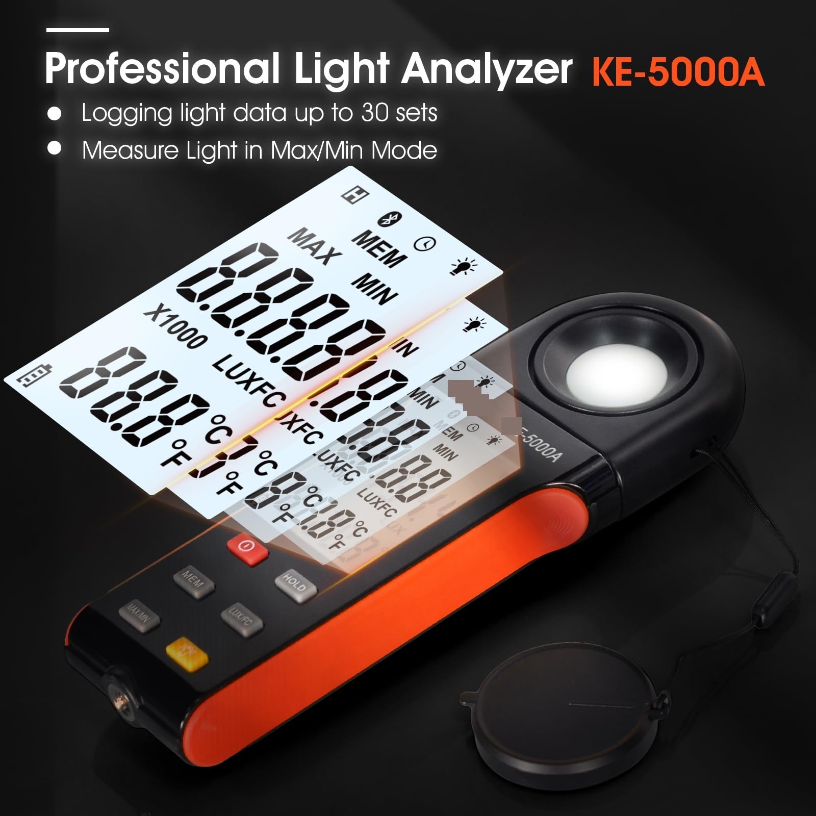 Digitaler Beleuchtungsstärke-Lichtmesser, 400.000 Lux/FC Beleuchtungsstärke-Tester mit 270° drehbarem Sensor, Datenprotokollierung, for Zimmerpflanzen Innenarchitektur