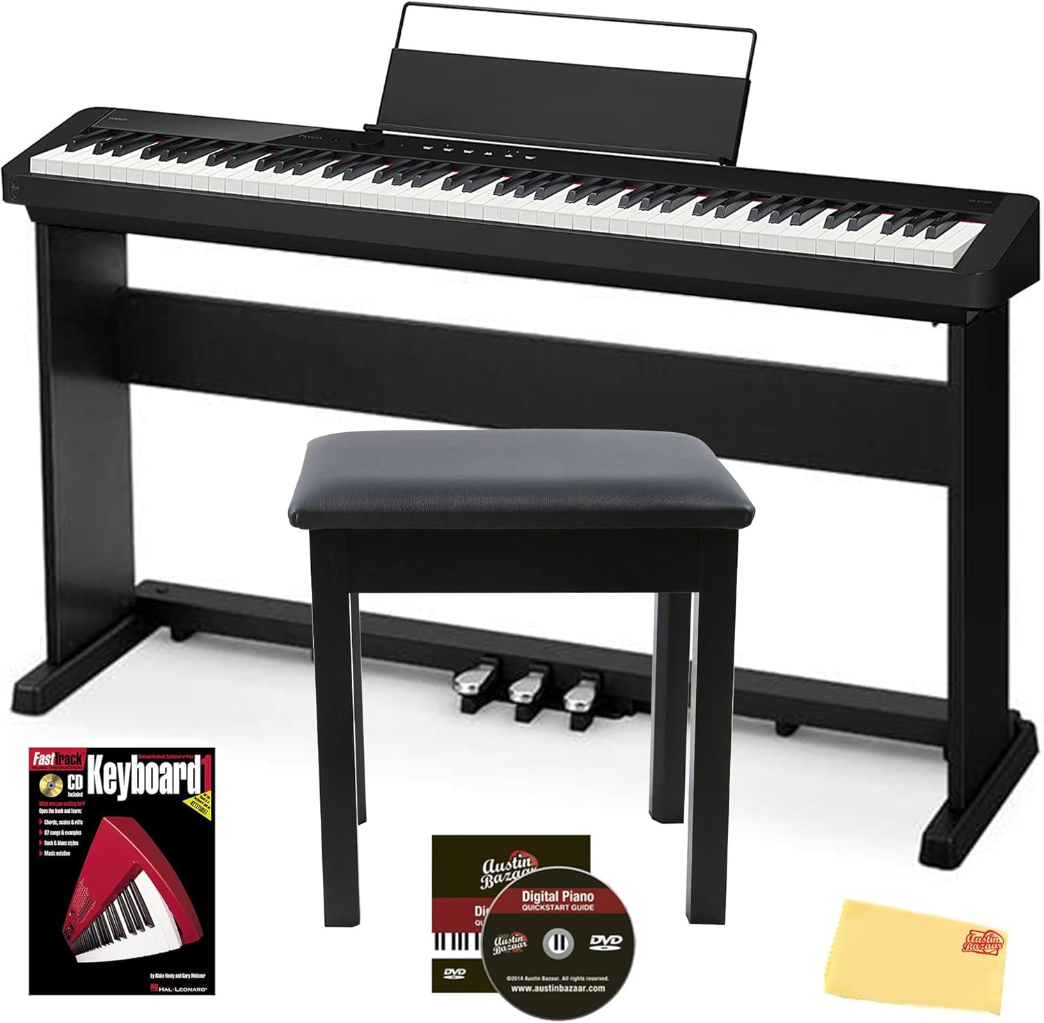 Casio CDP-S360 88-Key Compact Digital Piano - Black Bundle with CS-470P Stand, 3-Pedal System, Furniture Bench, Instructional Book, Online Lessons, Instructional DVD, and Austin Bazaar Polishing Cloth