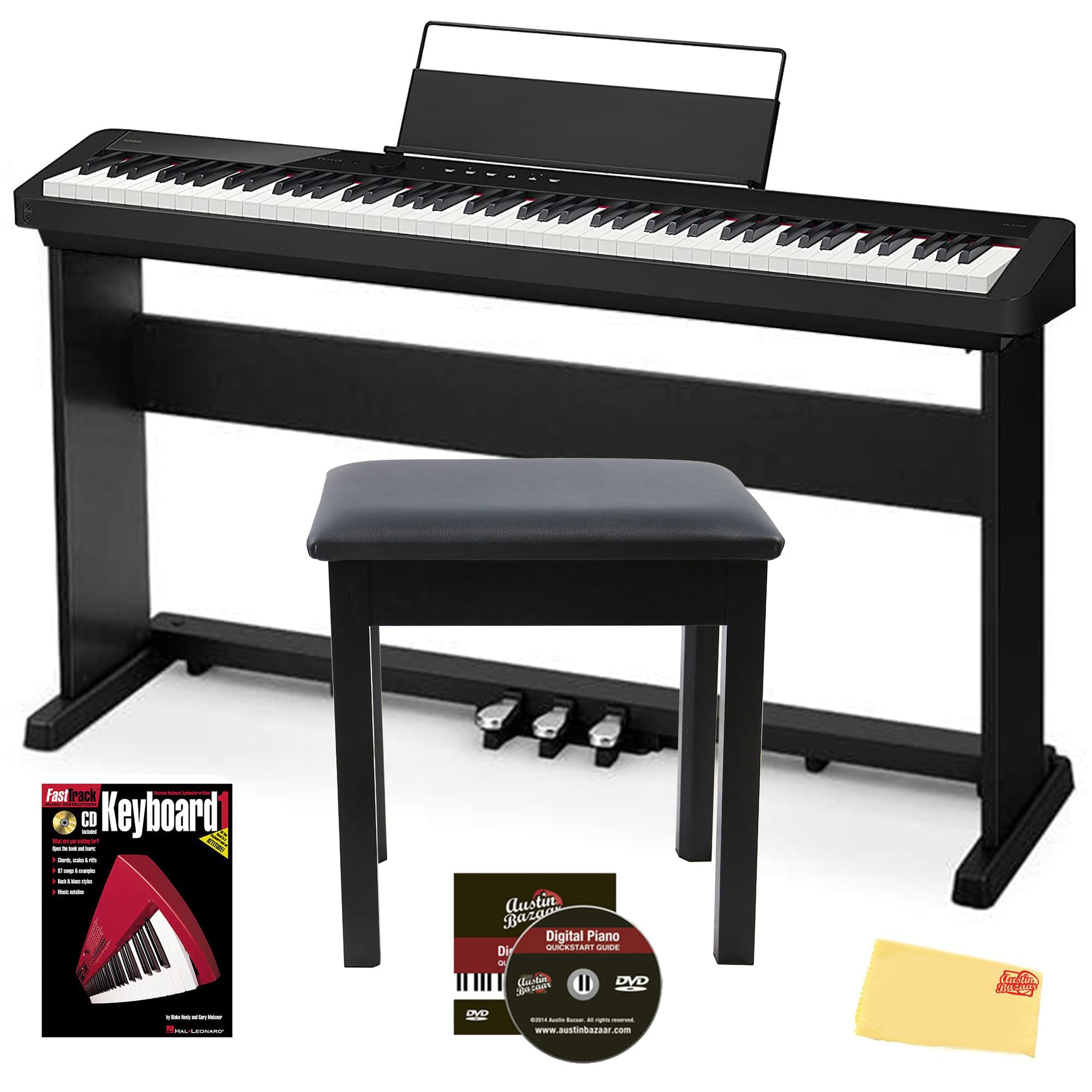 Casio CDP-S360 88-Key Compact Digital Piano - Black Bundle with Furniture Stand, CS-470P 3-Pedal System, Bench, Instructional Book, Online Lessons, Austin Bazaar Instructional DVD, and Polishing Cloth