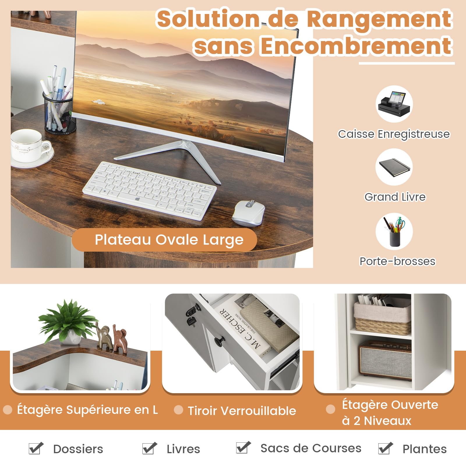 COSTWAY Comptoir Caisse avec Tiroir Verrouillable, Petit Accueil Comptoir pour Vente, Plateau Ovale, Étagère Réglable, Bureau de Reception pour Hôtel, Boutique, 120 x 70 x 100 cm (Marron Rustique)