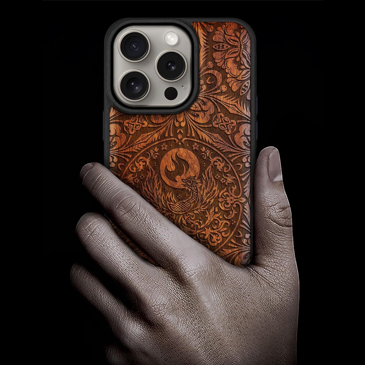 Carveit Magnetic Wooden Case for iPhone 15 Pro Case, Compatible with MagSafe Wireless Chargers, Black Soft TPU Shockproof Cover & Wood Artisan Engraved (Phoenix Mandala) - Rosy