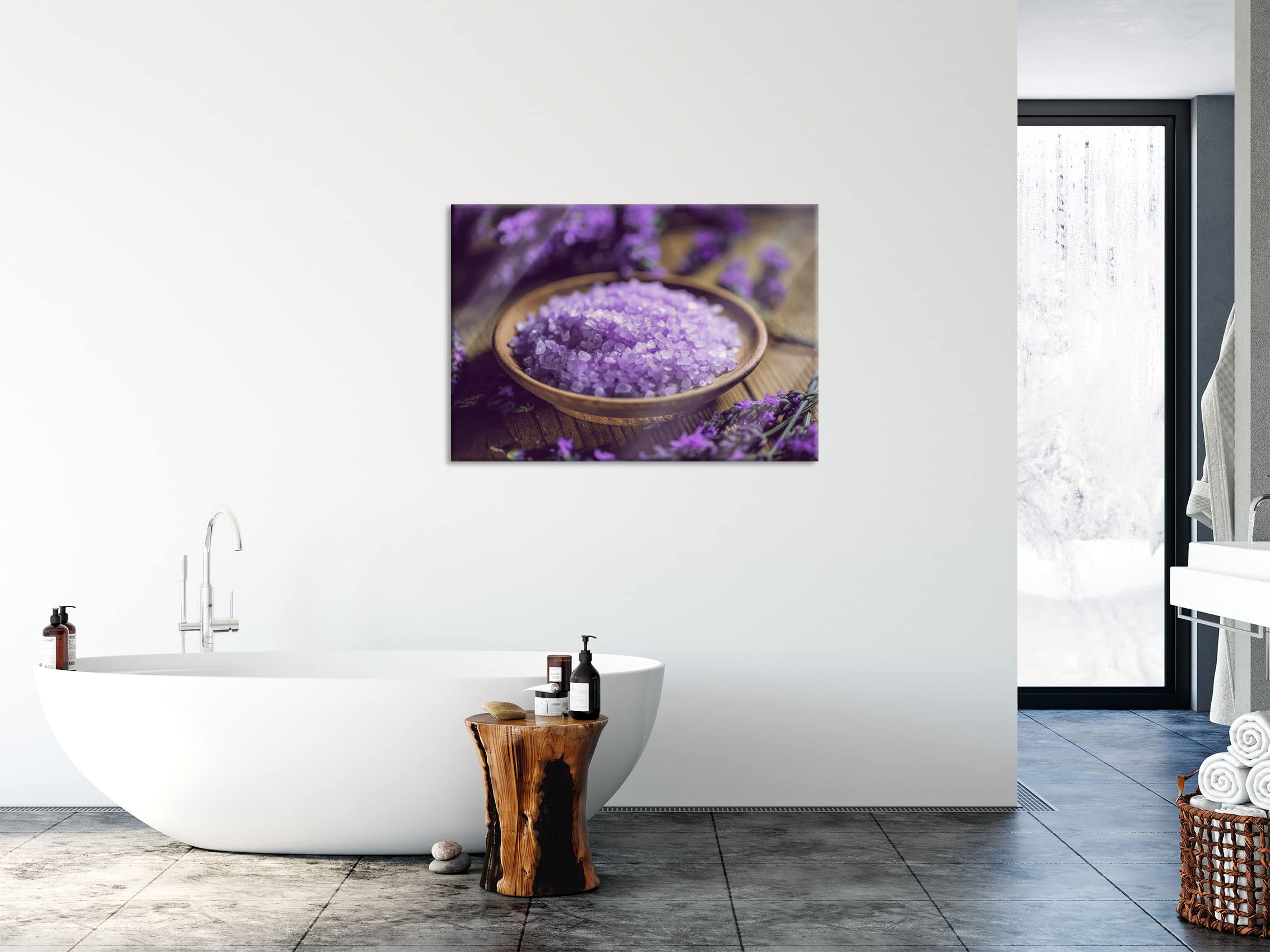 Pixxprint Glasbild, Wandbild aus Echtglas, Badesalz auf Holzuntergrund, 80x60 cm, inkl. Aufhängung und Abstandshalter