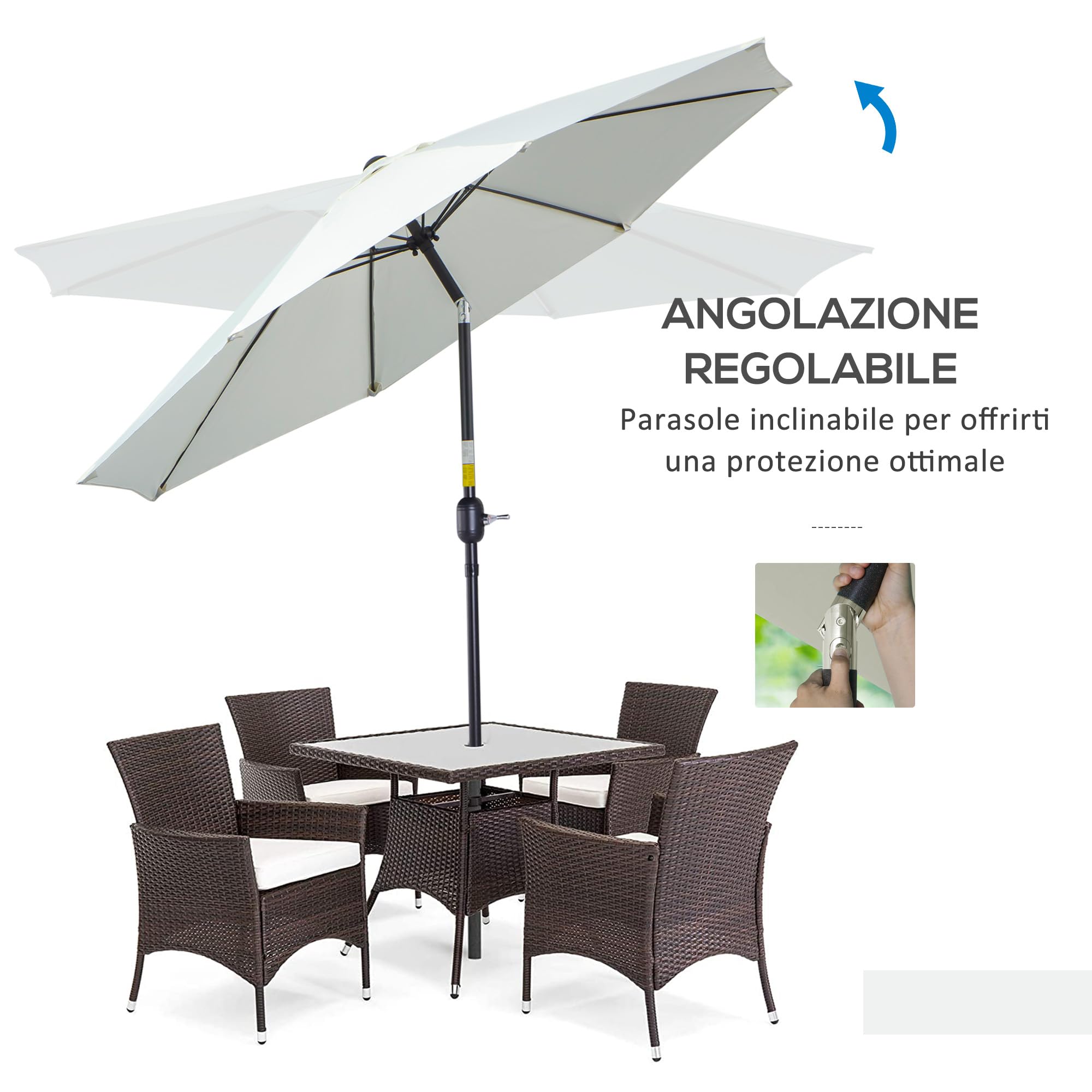 Outsunny Ombrellone da Giardino 2.65x2.65m Inclinabile 3 Angolazioni Manovella 8 Stecche Alluminio Poliestere 180g/m²