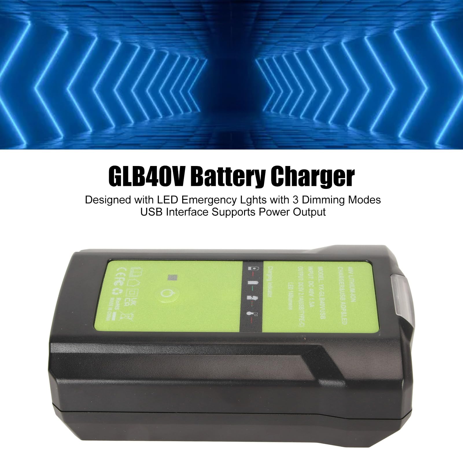 CHICIRIS Caricabatterie 40V con Uscita USB, Indicatore LED di Funzionamento