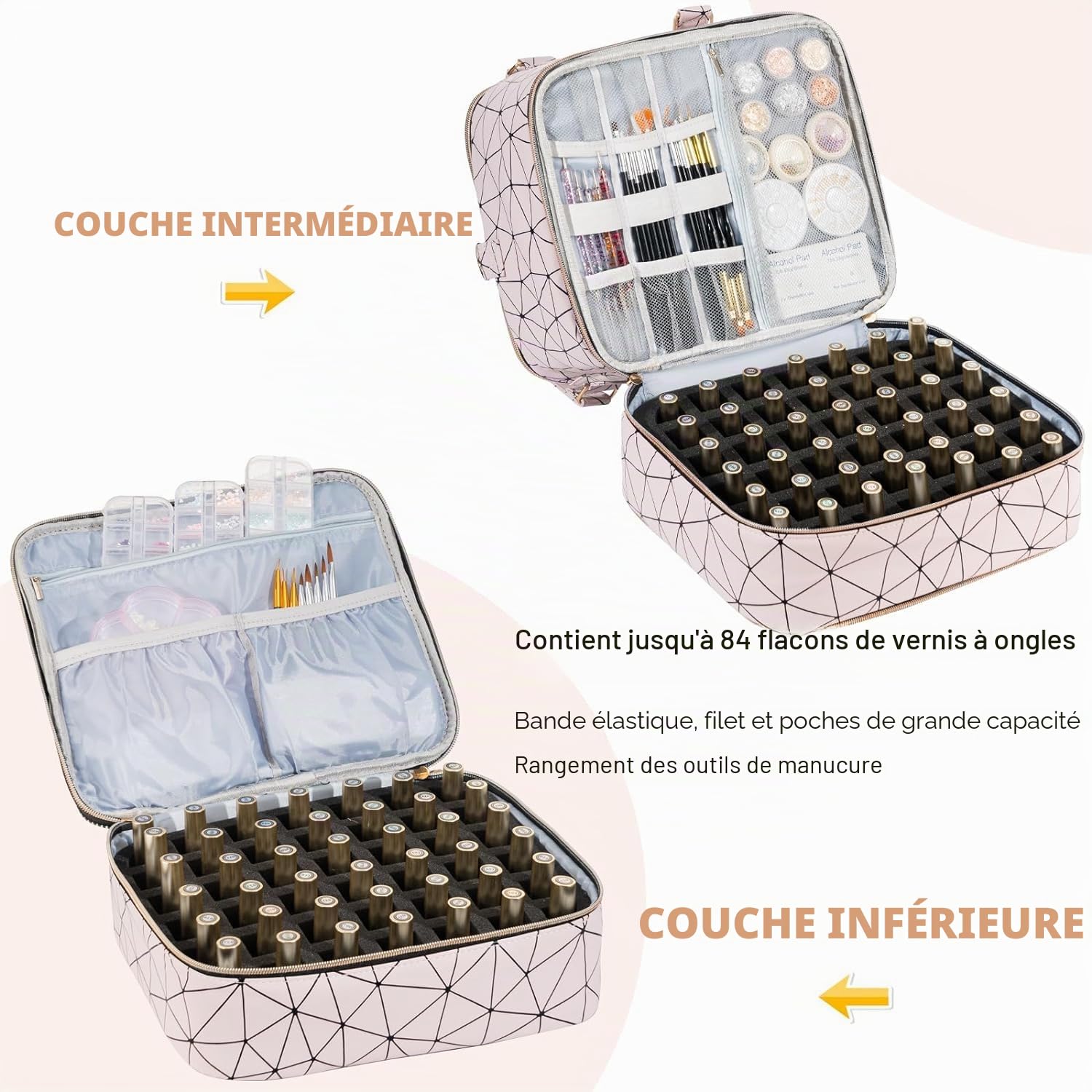 Uross Organisateur de Vernis à Ongles pour 84 flacons de Vernis à Ongles et 1 Lampe à Ongles LED, Sac de Rangement de Vernis à Ongles pour Accessoires de stylisme ongulaire（Rosa）