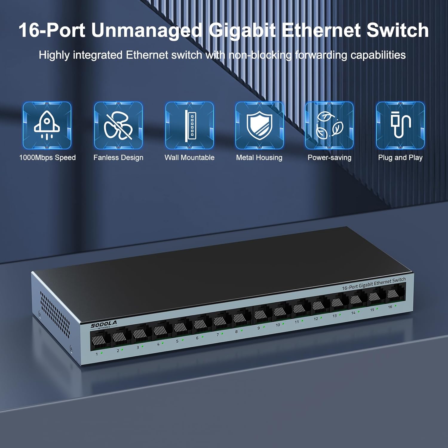 【Upgrade】 SODOLA 16 Port Gigabit Ethernet Switch,Plug & Play, Shielded Ports, Metal Housing, Fanless Design Unmanaged Network Switch