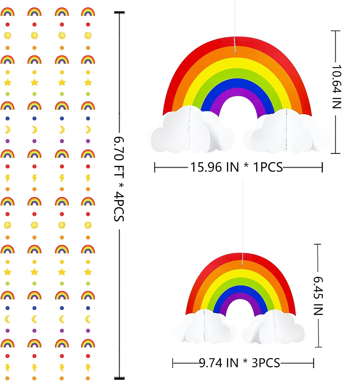 Rainbow Party Decorations 3D Cloud Rainbow Cutout Circle Dots Star Moon Lightning Hanging Colorful Garland Streamer for Birthday Wedding Shower Carnival Party Decor Supplies