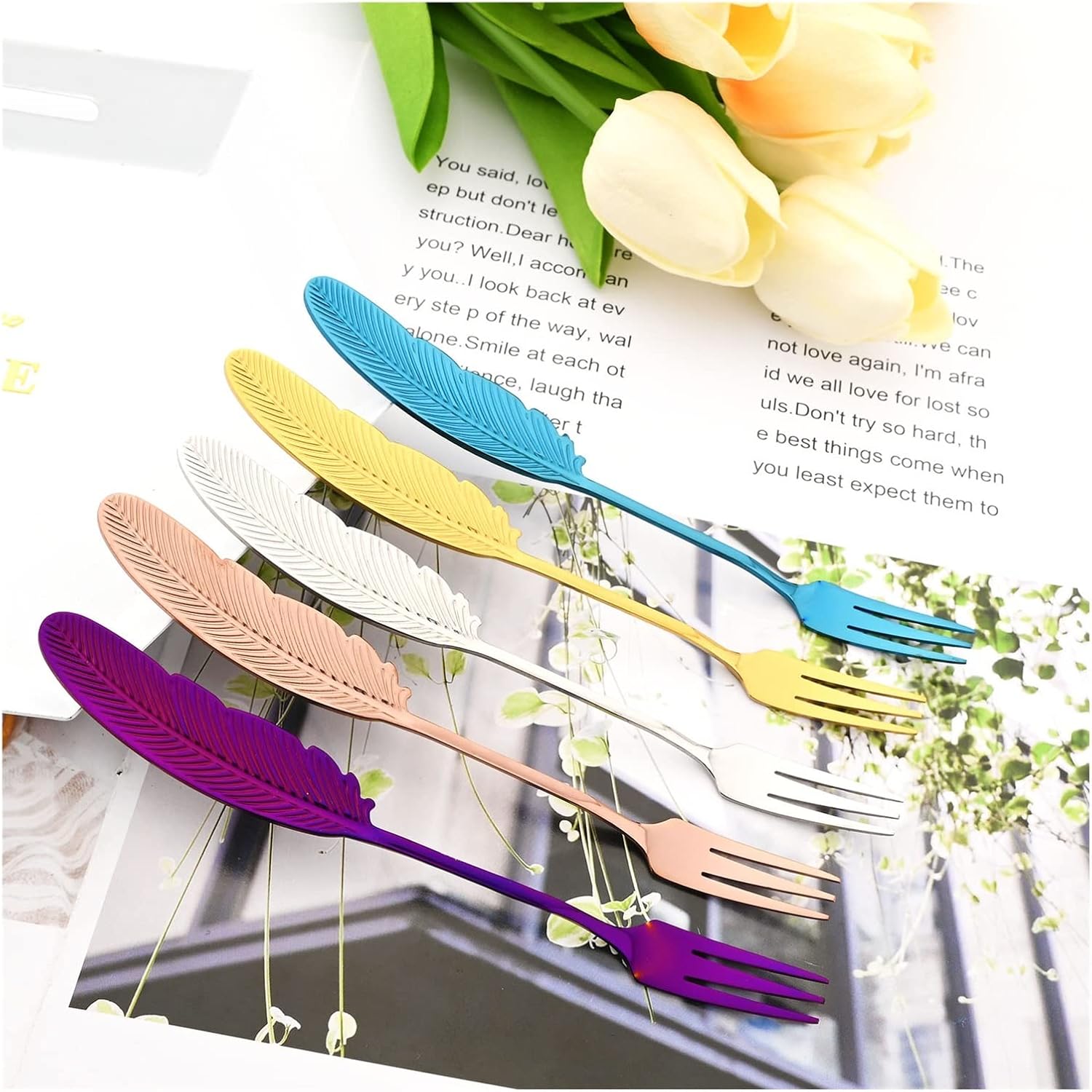 Cake Fork 5/10Pcs Tableware Set Rainbow Cutlery Set Creative Feather Fruit Frok Spoons 304 Stainless Steel Dinnerware Set leisurely (Color : 10Pcs Silver)