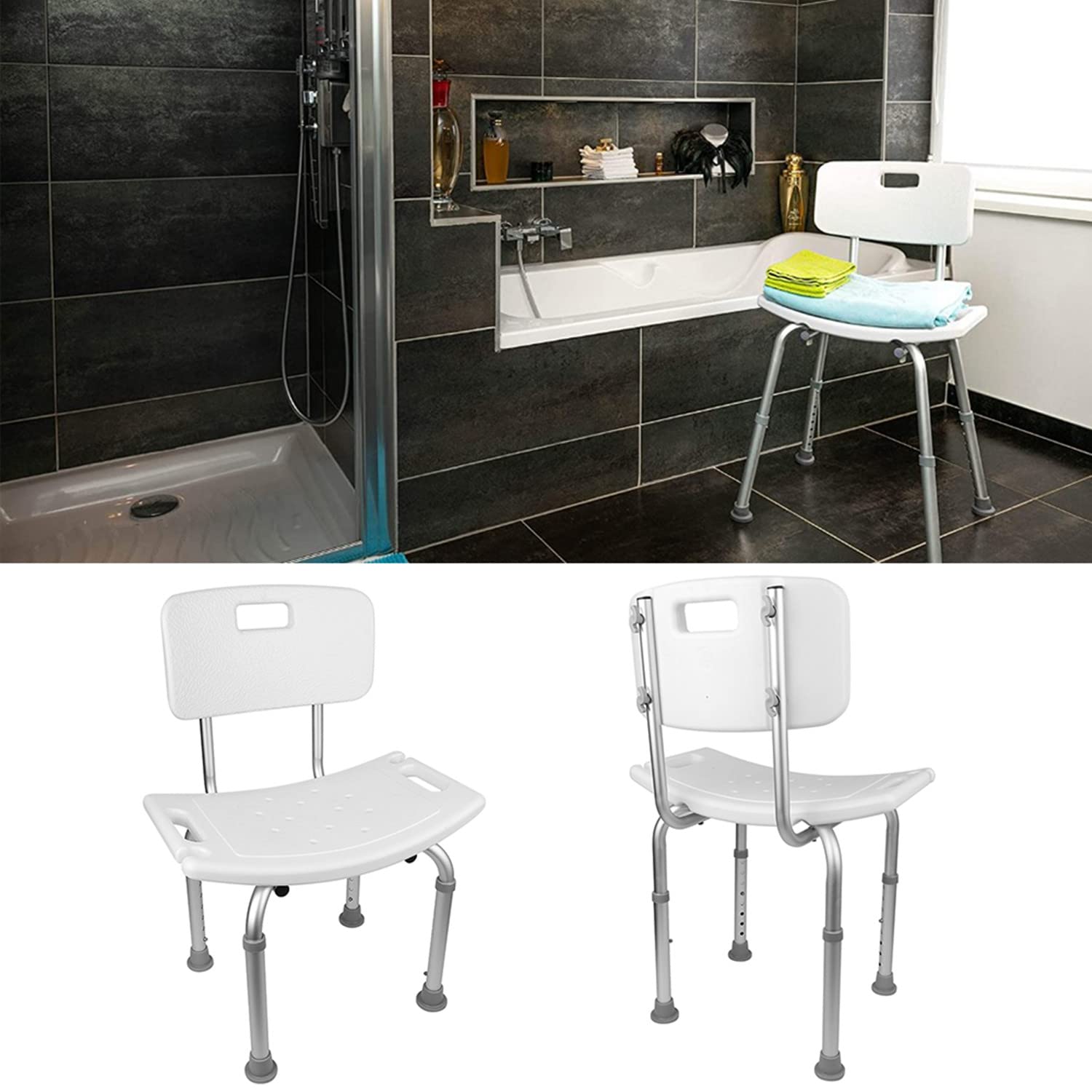 Silla de ducha, Mod. Olivo, marca europea, asiento de ducha, para personas mayores y discapacitadas, ayuda a la inodoro, regulable en altura, respaldo (51 x 26 x 70 - 83,5 cm)