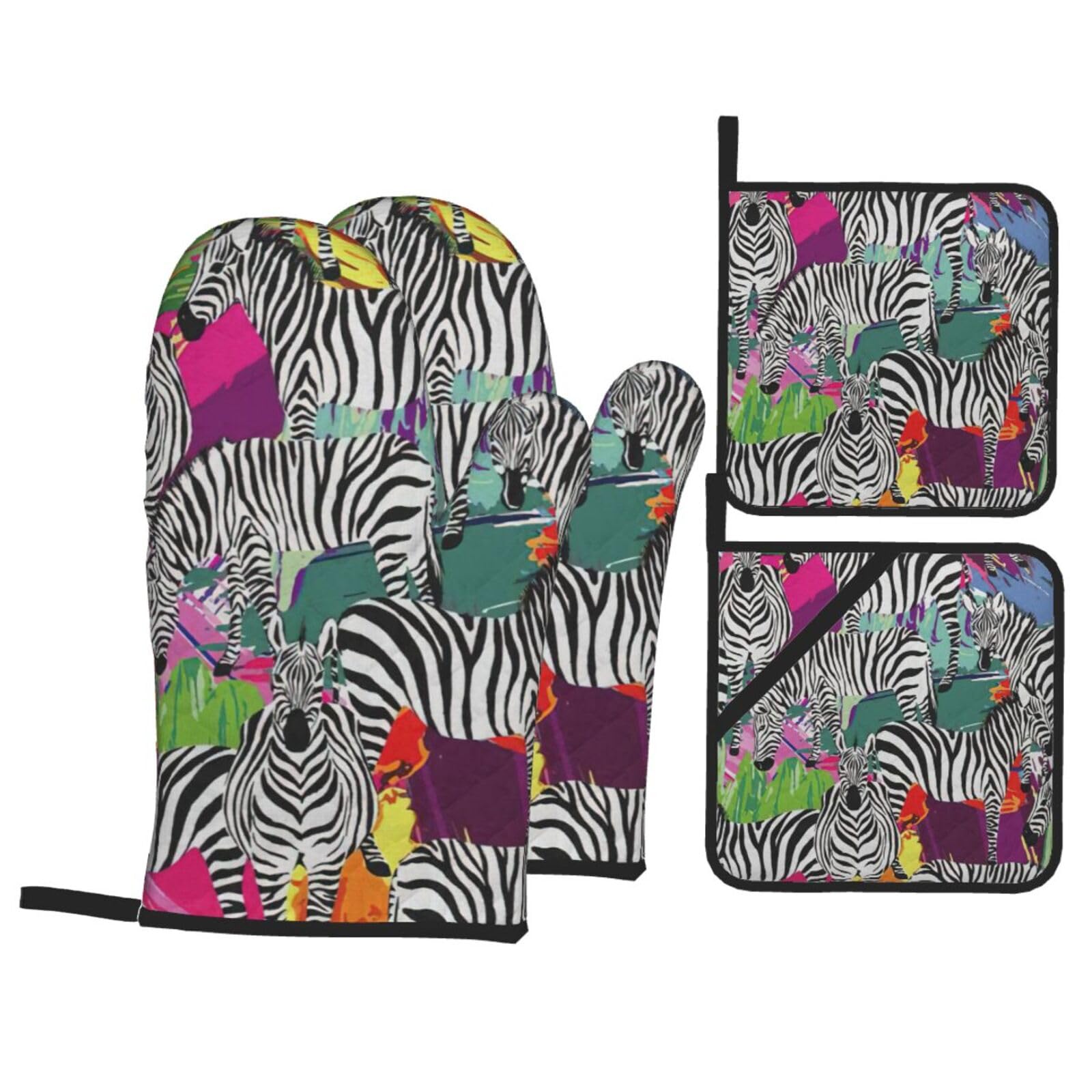 Zebra Print Kitchen Oven Mitts And Pot Holders Set,Hanging Loop Design For Cooking Baking Bbq