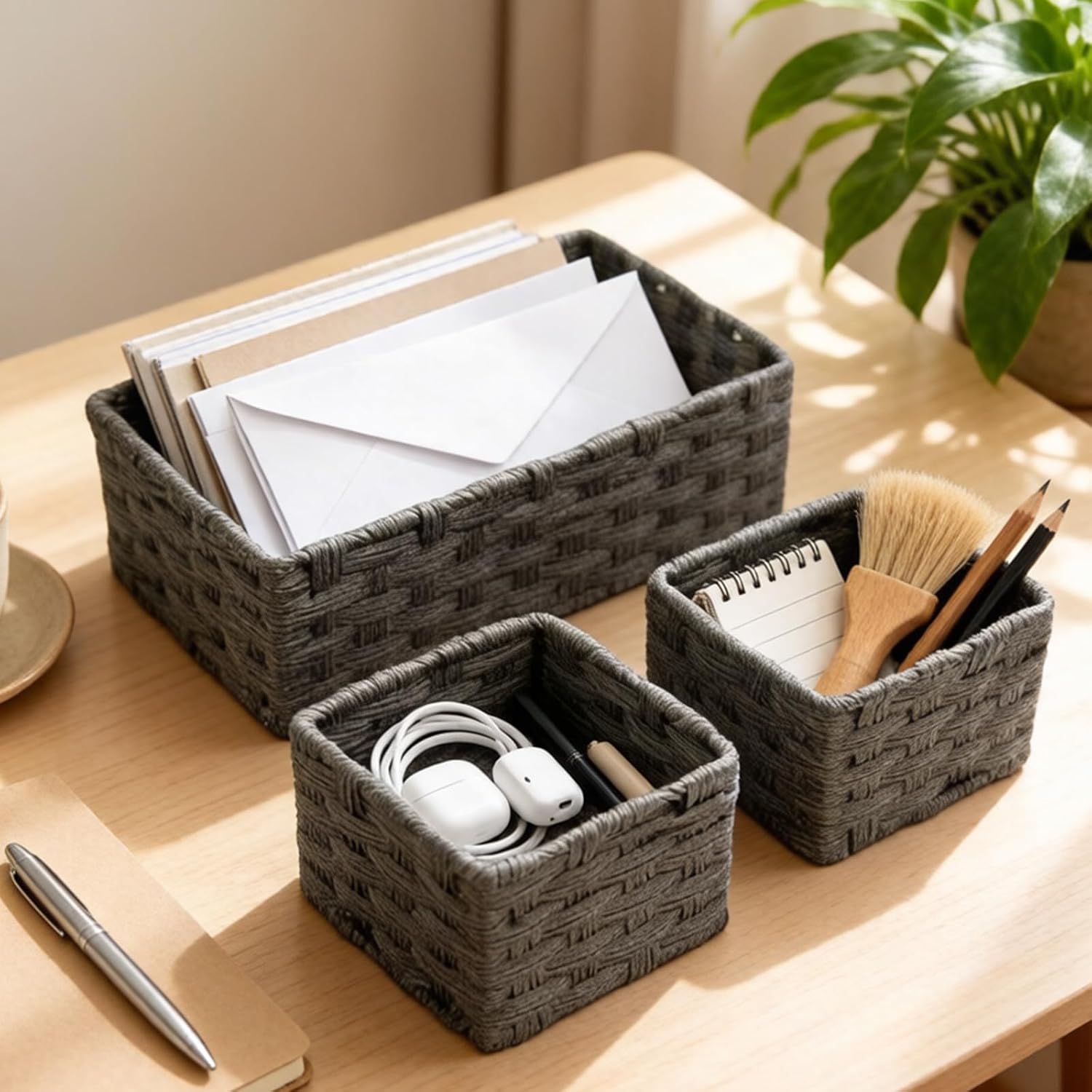 Toilet Paper Storage Basket with Nesting Feature Bathroom Counter Organizer Woven Plastic Wicker Baskets for Organizing Cute Basket for Apartment Bedroom Nursery Room Kitchen Bathroom Decor - Set of 3