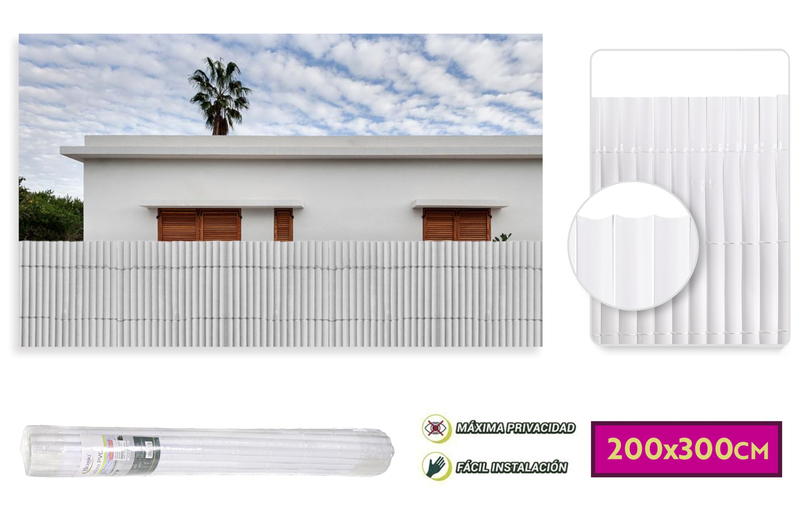 HERSIG - Cañizo Jardin Ocultacion - Cañizo PVC 1 Cara Color Blanco (2x3 m) - Malla Ocultacion Jardin Exterior - Valla PVC Exterior Resistente para Terraza Jardines - Privacidad Balcon