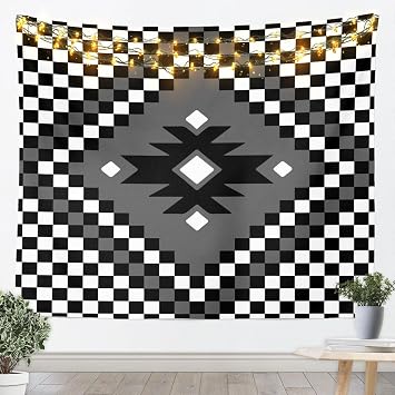 Feelyou Aztec Tapestry Small 51 X59 Black White Checkered Wall Hanging Blanket Boho Western Decor Wall Art for Living Room Bedroom Decoration Farmhouse