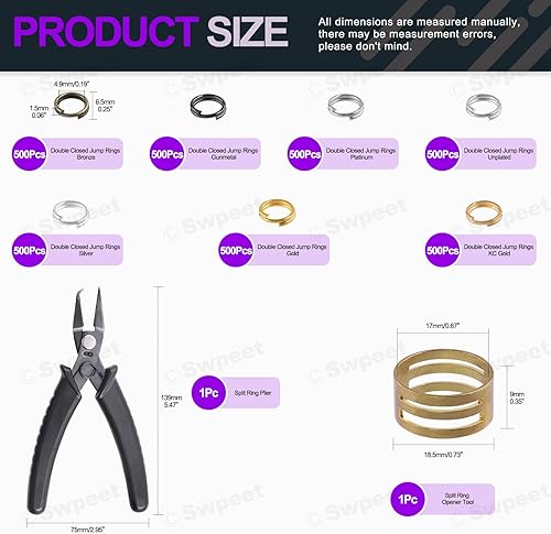 Miniatura 2 de Swpeet 3502 anillos de salto divididos de doble cierre y abridor de bucle de salto con alicates de anillo dividido, kit surtido de alicates de