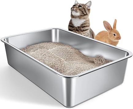 Gimars Large Thicken Stainless Steel Litter Tray - Easy to Clean High Side Rustproof, Never Absorbs Odors Metal Litter Tray for Cats Rabbits, 17.72 13.78 5.91 in