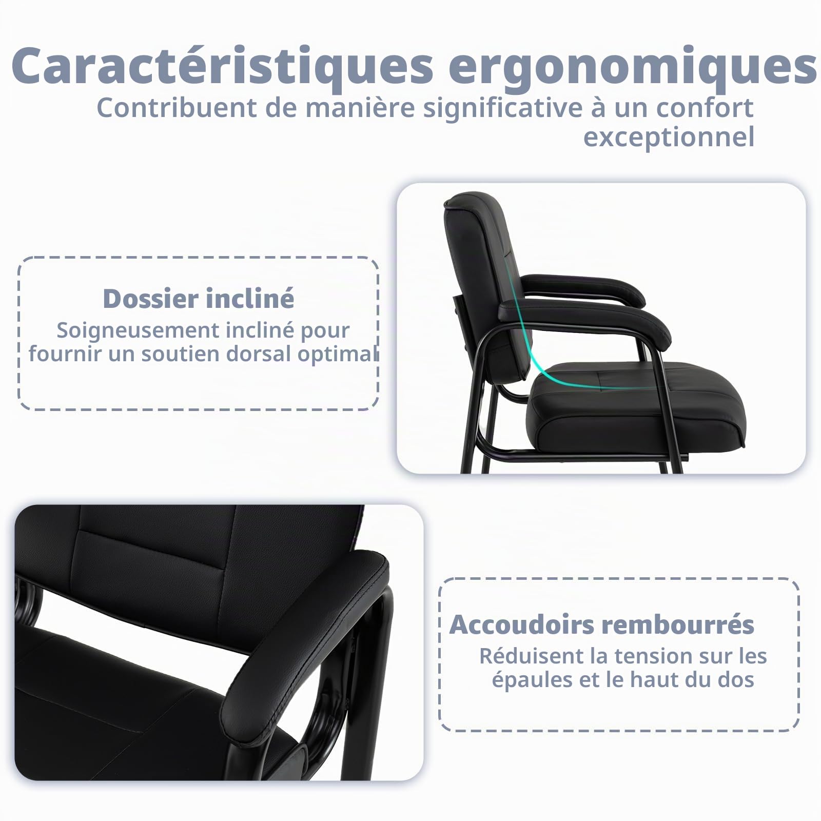 GIANTEX Lot de 2 Chaises de Conférence en Cuir Synthétique, Dossier et Accoudoirs Rembourrées, Cadre en Métal, Jusqu'à 180 kg, Chaise Visiteur pour Bureau, Salle de Conférence, Noir