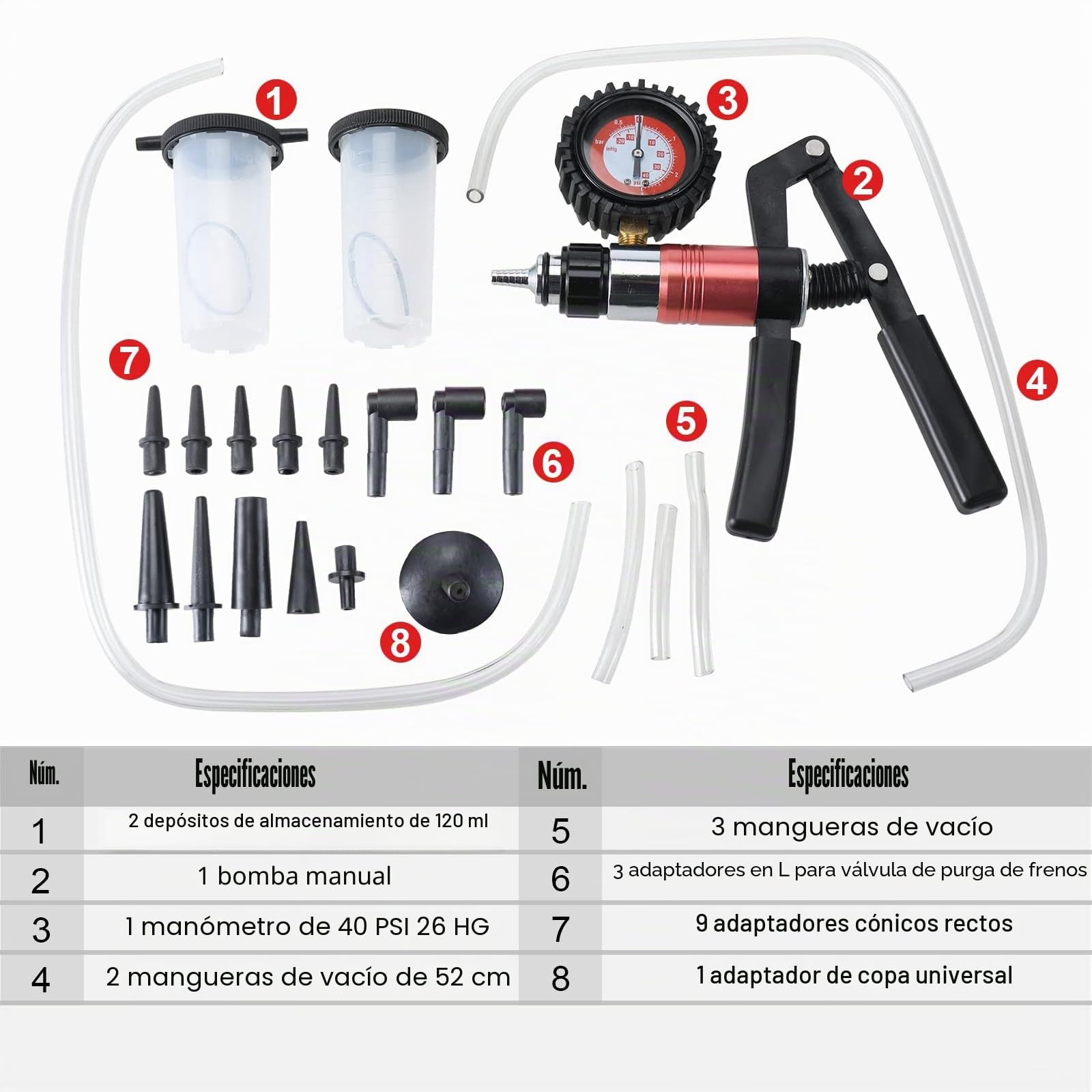 FreeTec 21PC Probador de Bomba de Vacío de Mano, Kit de Purga de Frenos con Medidor de Vacío, Adaptador y Estuche, para Vehículos Automotrices, Camiones y Motocicletas