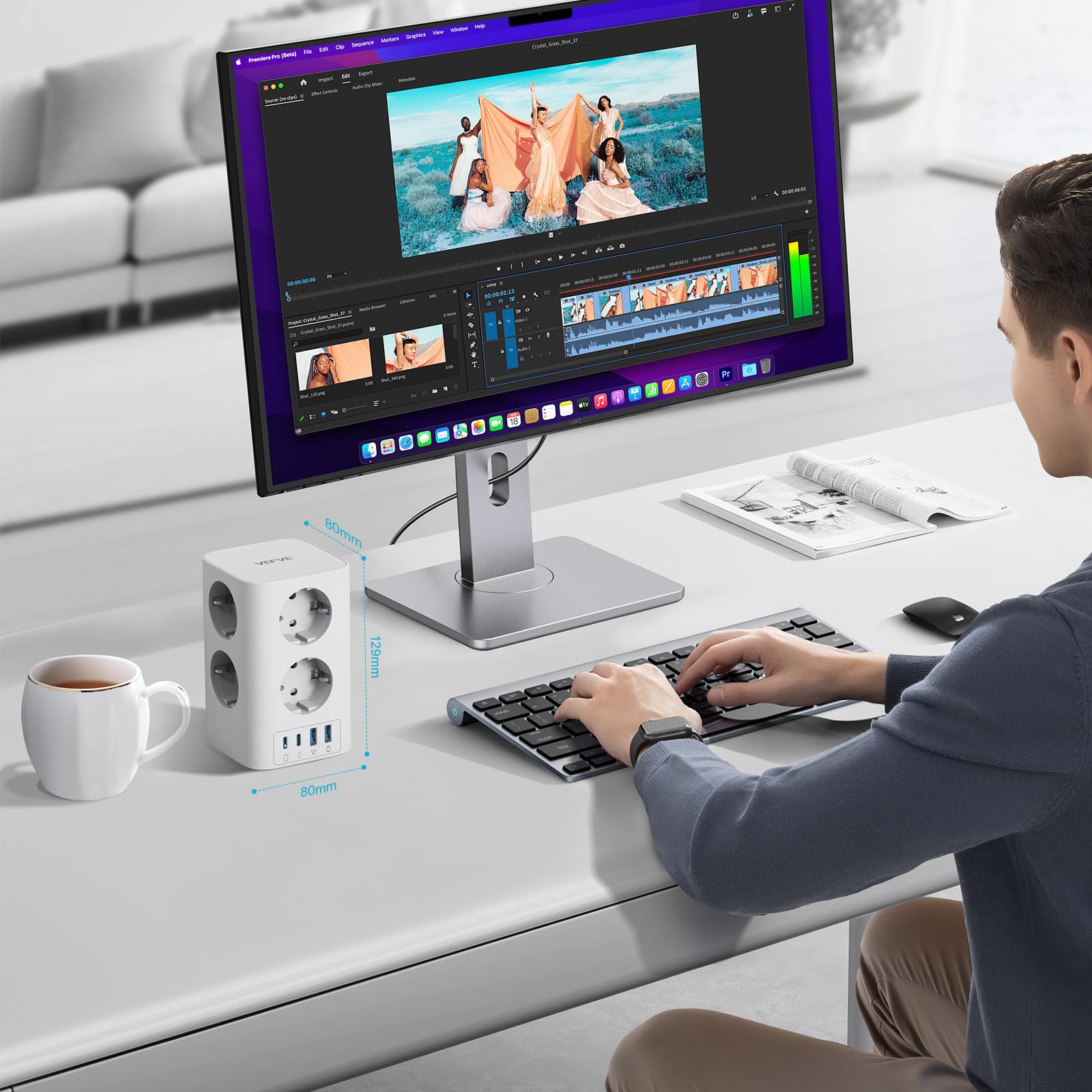 VEFVE Multiprise Tour 12 en 1 (4000W 16A), Bloc Prise Parafoudre avec USB C 30W GaN Charge Rapide, 8 Prises Françaises et 4 USB, Interrupteur, Câble 5m, Blanc