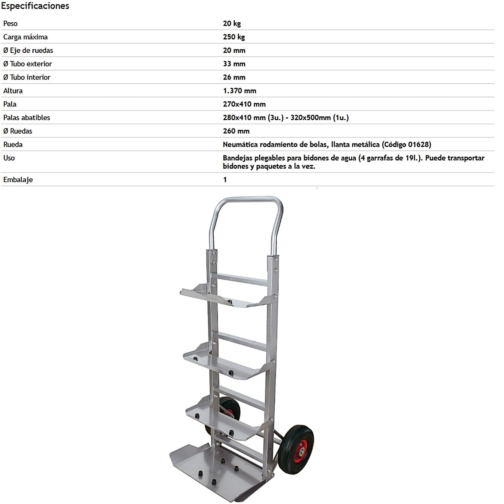 Bricoloco Carretilla para garrafas con 4 Palas abatibles Grosor Metal 32 mm – Ruedas de llanta metálica de 260 mm con Eje 20 mm. Capacidad 250 Kilos