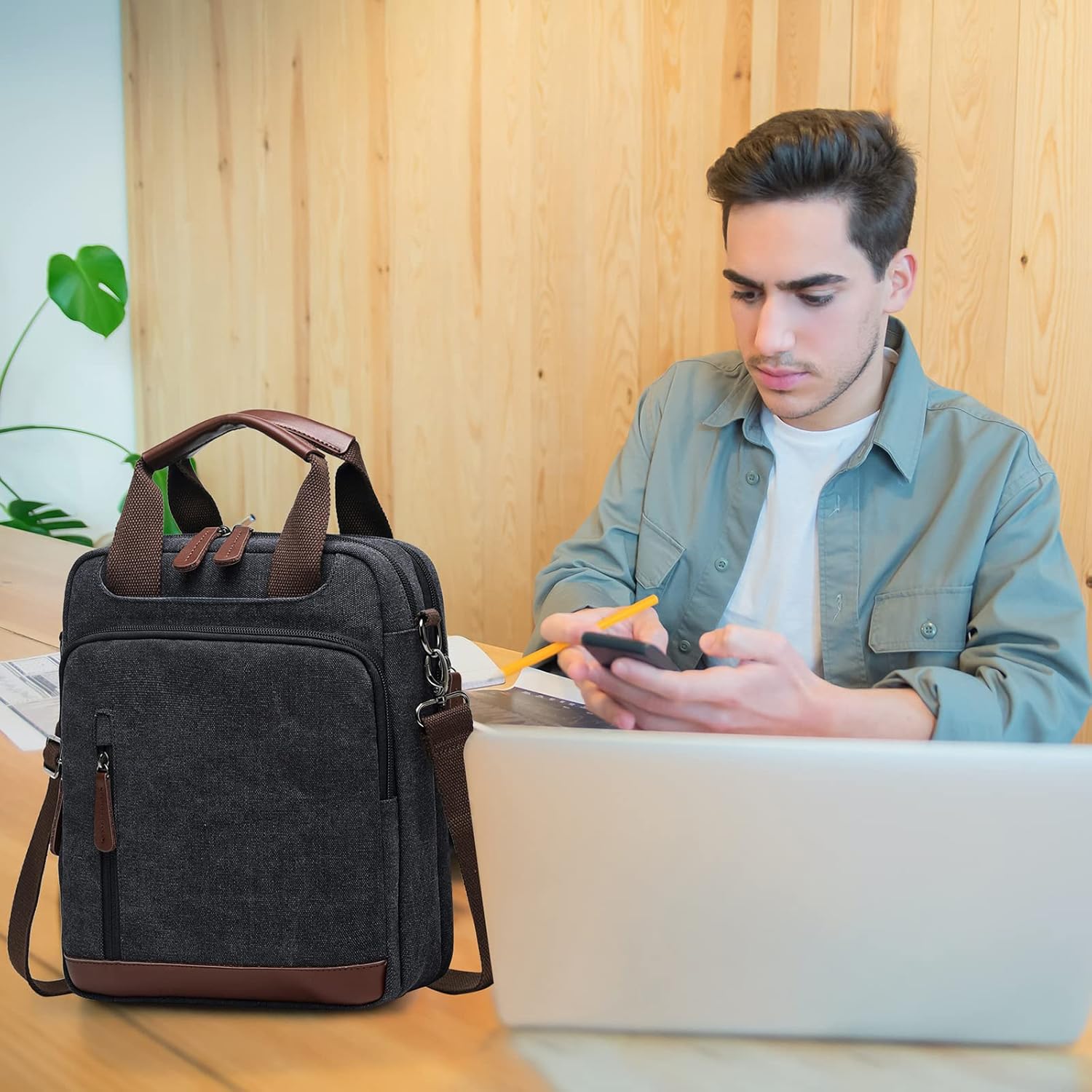 mygreen Small Canvas Crossbody Shoulder Bag Messenger Bag Work Bag | Work Bag - Image 2