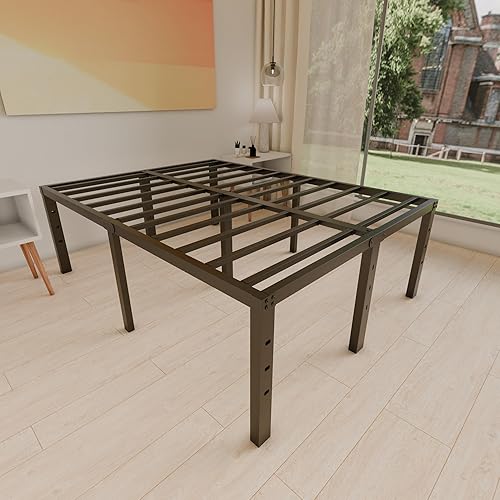 Miniatura 7 de Base de cama tamaño Queen de 20 pulgadas, no necesita somier, base de colchón de plataforma de metal negro resistente, antideslizante, sin ruido,