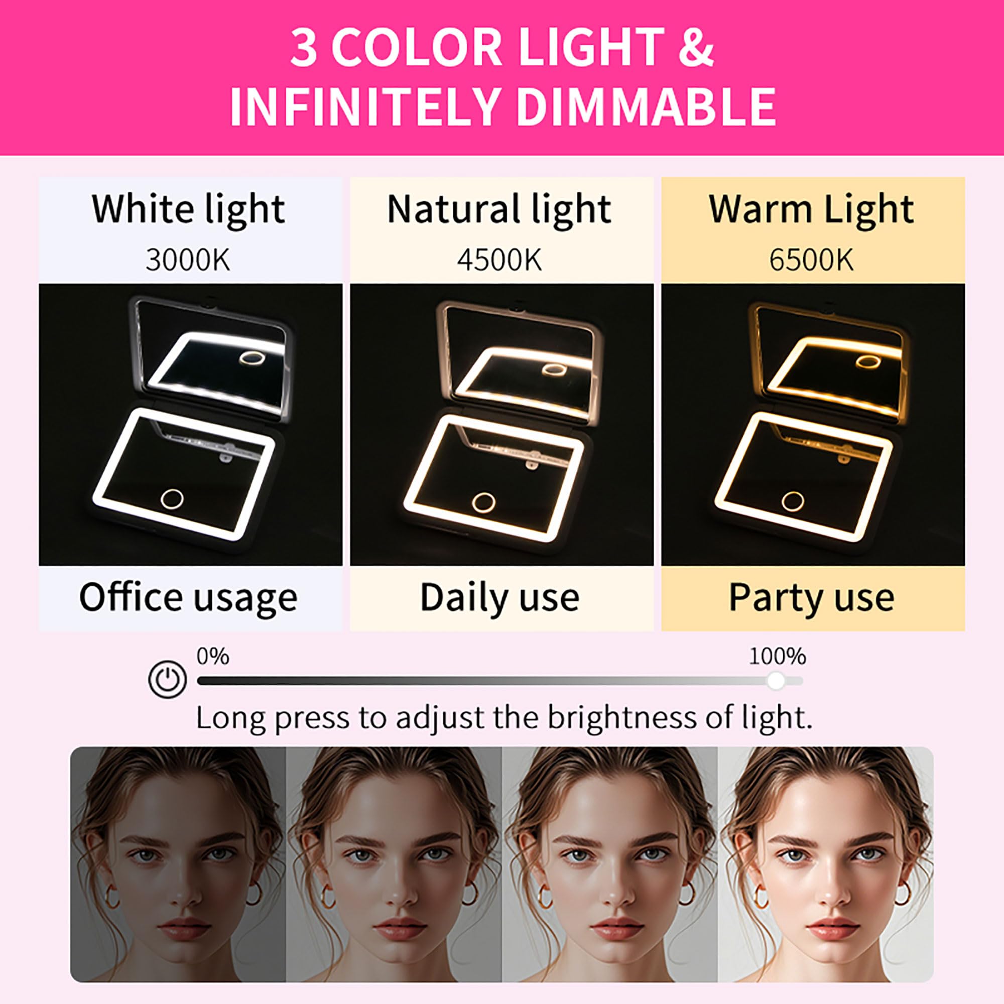 MissMeeca 1X/5X Magnification LED Travel Makeup Mirror,Rechargeable Travel Mirror with Light,Portable Pocket-Sized Folding Design Ideal Gift for Travel & Daily Use