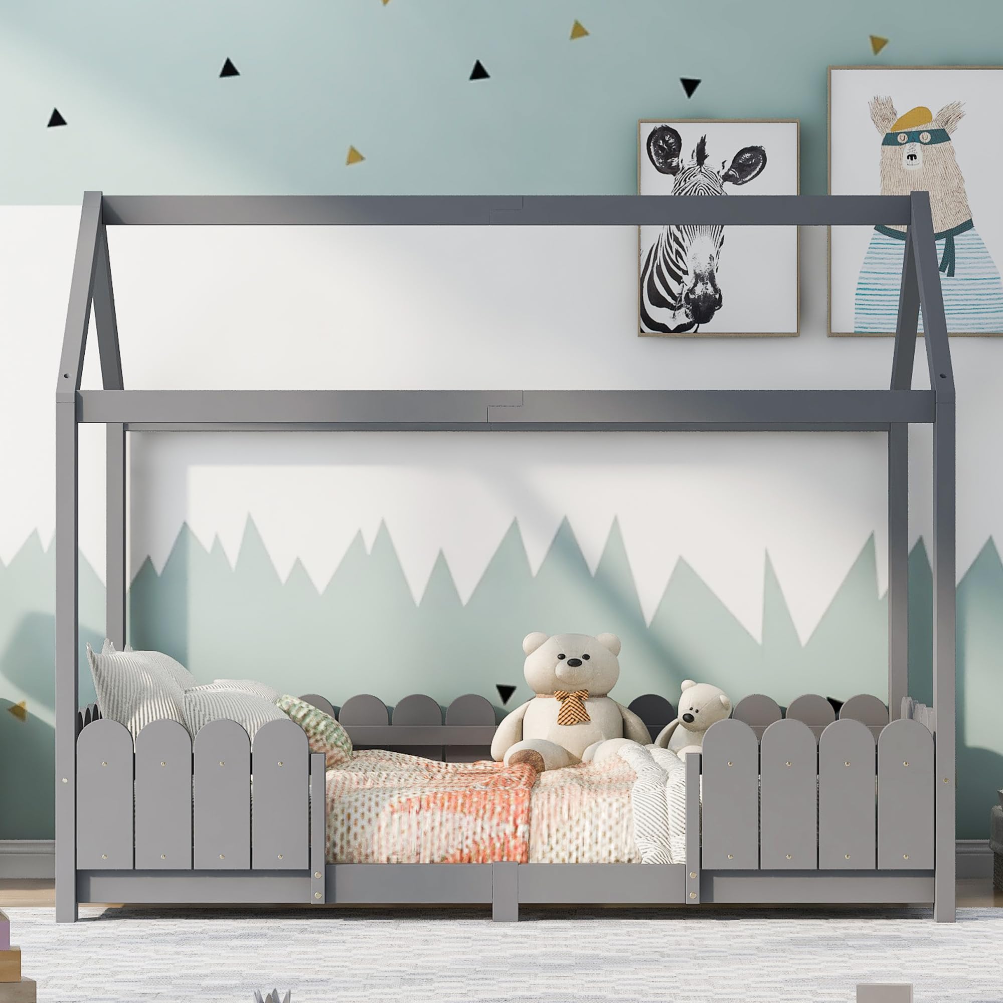 LINKHOO lit cabane bébé, en Bois Polyvalent, pour garçons et Filles, avec Protection Contre Les Chutes et sommier à Lattes(sans Matelas), 90x200 cm, Gris
