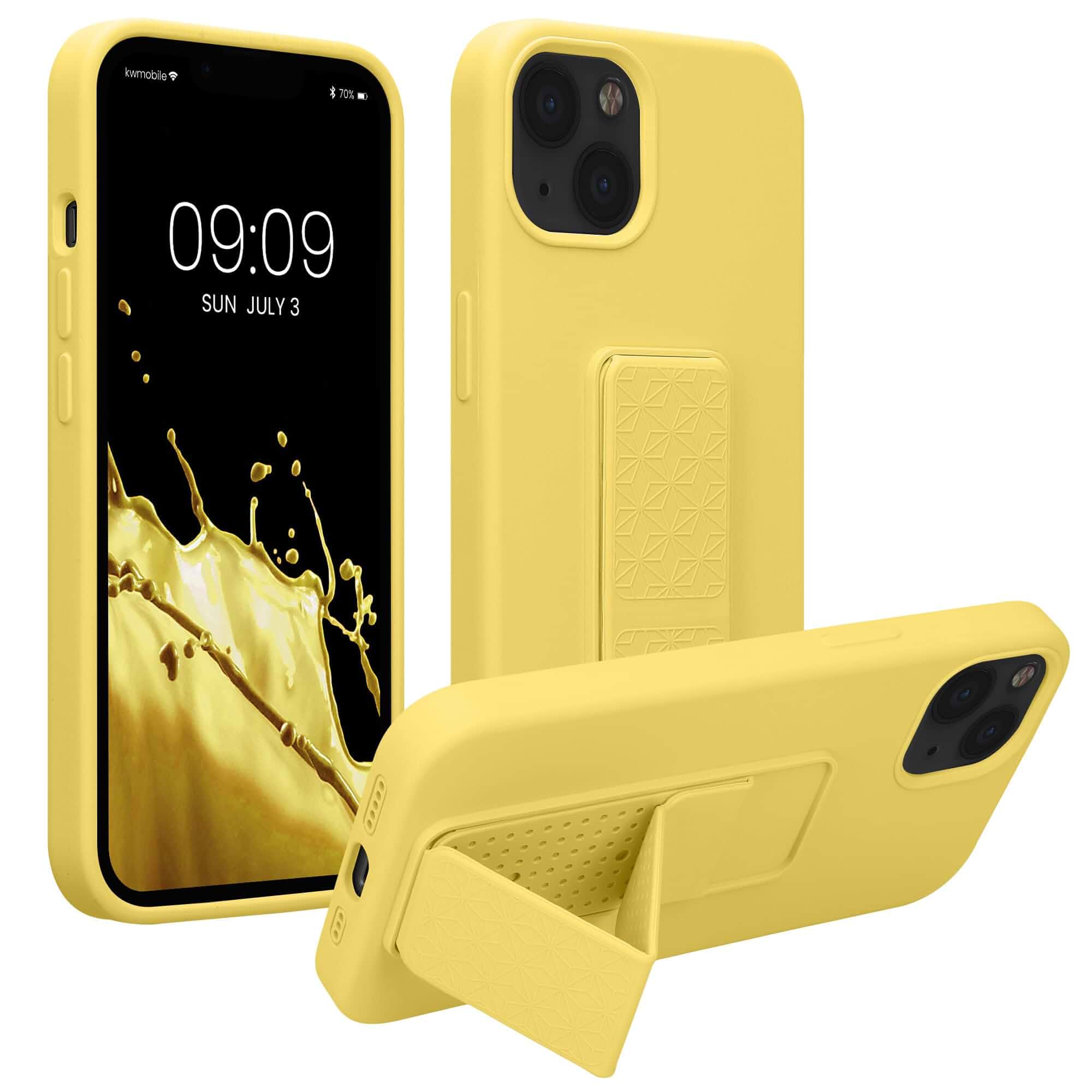 kwmobile Case for Apple iPhone 13 Case - Soft TPU Cover with Silicone Coating - with Hand Strap and Stand Function - Shockproof - Radiant Yellow