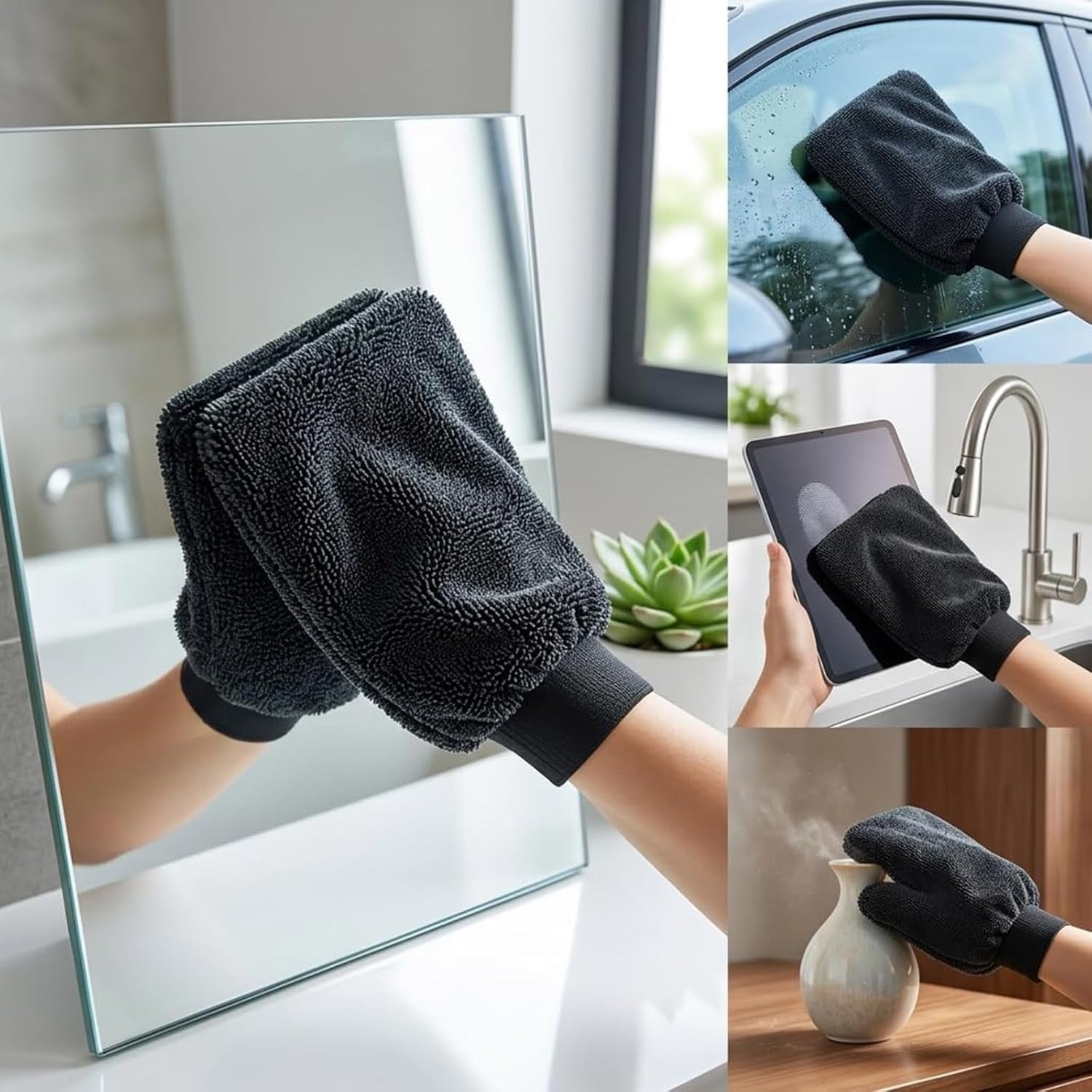 Generisch Putzhandschuhe Mikrofaser Streifenfreies Reinigungswerkzeug mit Vielseitigkeit Mikrofaser Waschhandschuh für Autopflege，10pcs Black
