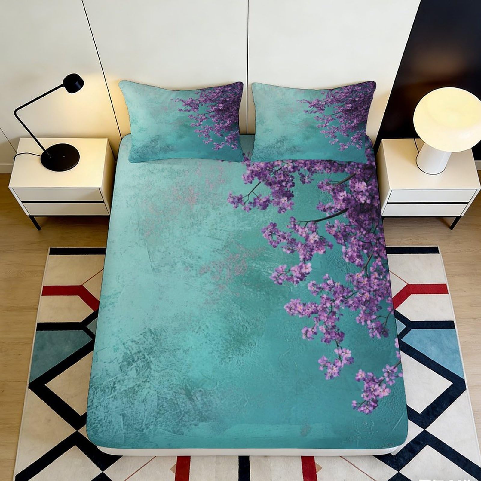 3D Printed Purple Blossom Fitted Sheet Microfiber Soft Breathable Floral Branch Bed Sheet for Bedroom Dormitory Guest Room Mattress Protection Decor 90x200x25cm