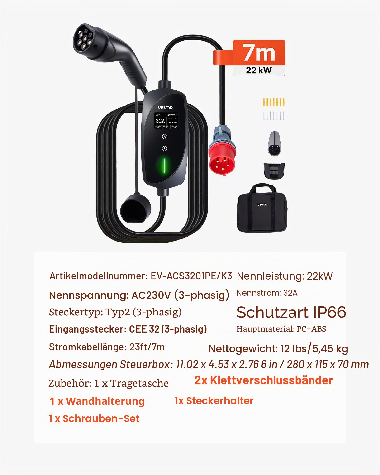 VEVOR Mobile Wallbox, 22 kW, 32 A, Typ 2 Ladestation für Elektrofahrzeuge, 3-Phasig-Ladegerät mit 7 m Ladekabel, CEE32-Stecker, LCD-Bildschirm, IP66-Steuerbox, für Elektrofahrzeuge