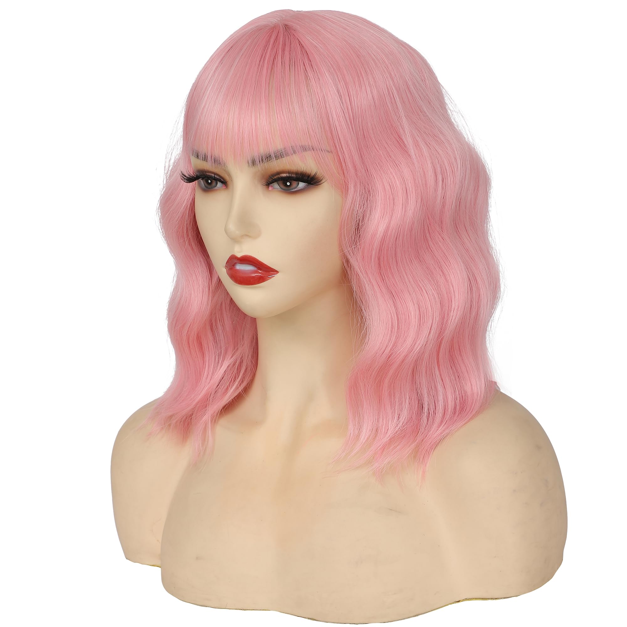 Peluca de color rosa claro para mujer, pelucas cortas onduladas pastel, pelucas rizadas con flequillo, longitud al hombro, pelucas sintéticas coloridas para cosplay, fiesta, uso diario (14 7